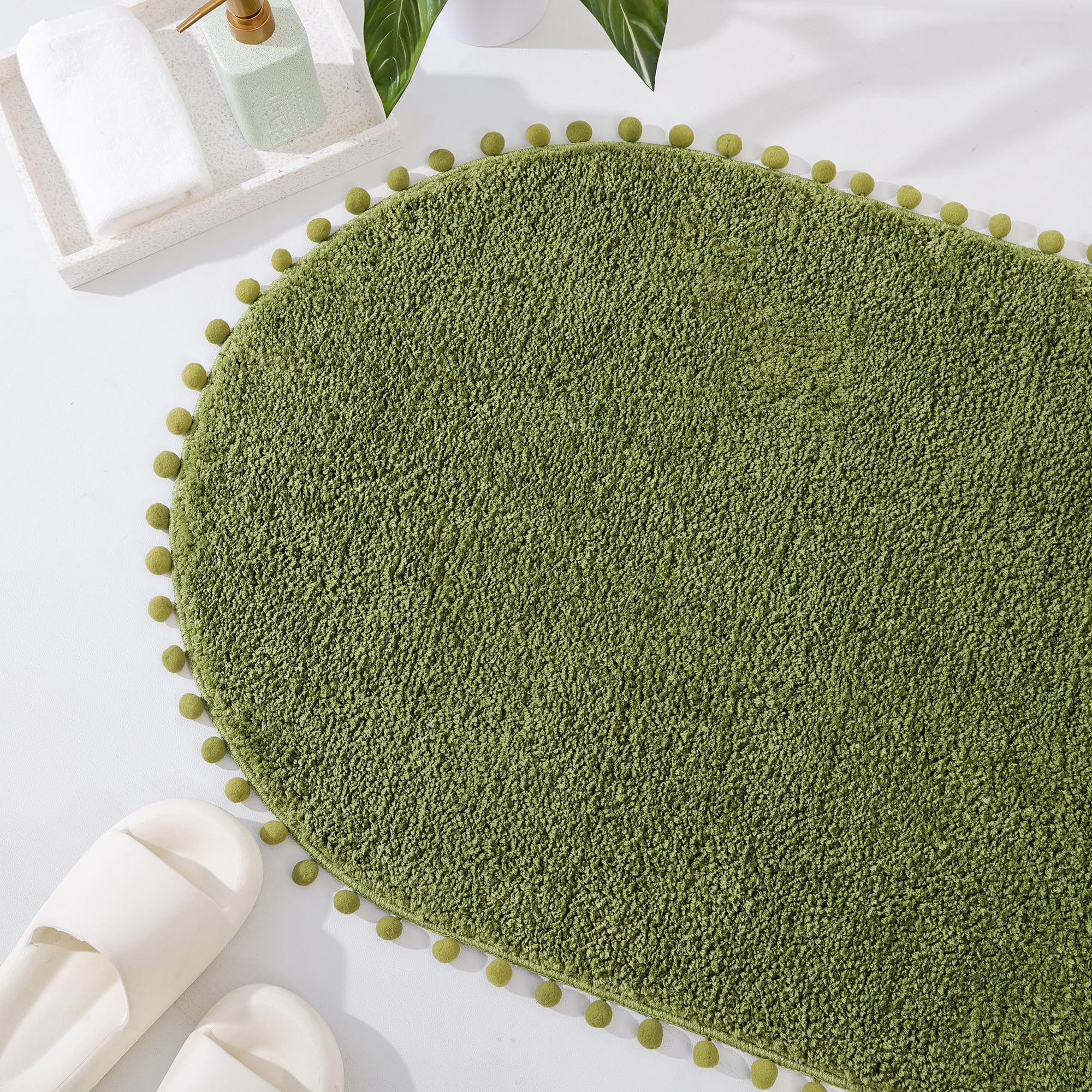 Yirddeo Bath Mat Olive Green Oval Rug With Pom Bathroom Rugs For Bedroom Non Slip Cute Boho Absorbent Mats Soft Plush Washable R