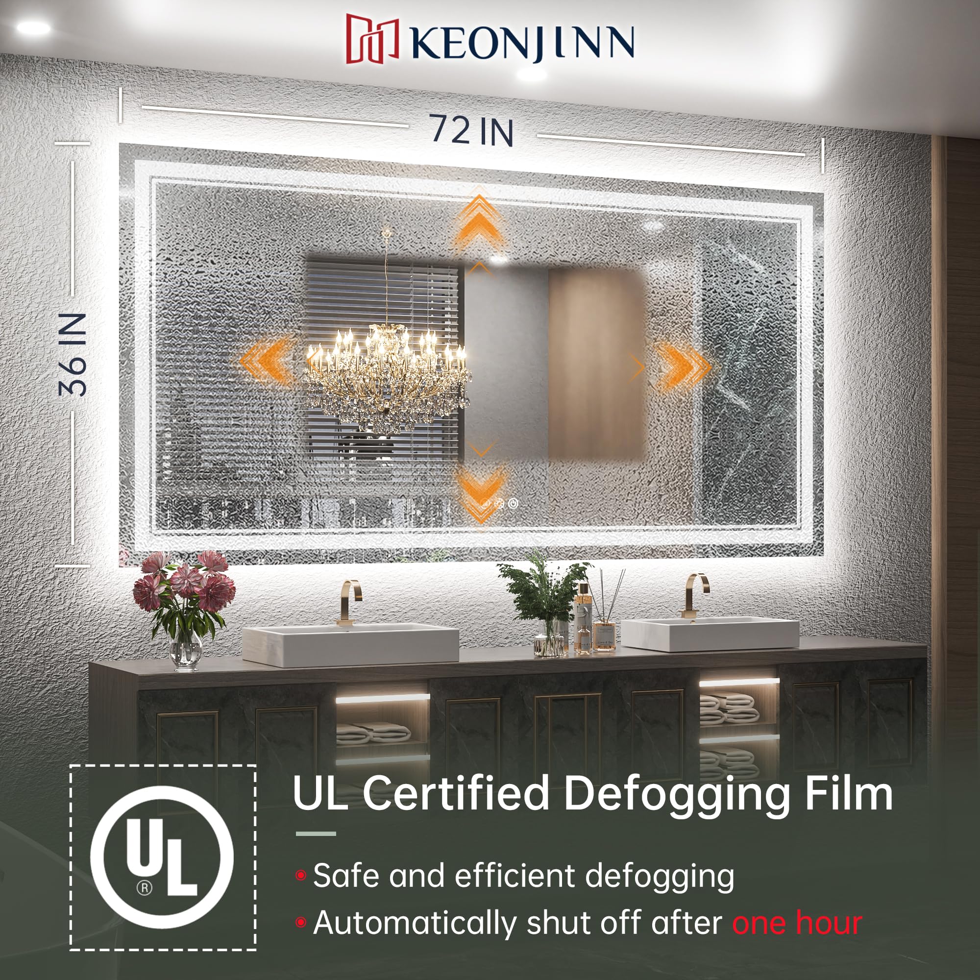 Keonjinn Led Bathroom Mirror 72'' X 36'' With Backlit And Frontlit, Large Stepless 3 Colors Temperature & Dimmable Vanity Mirror