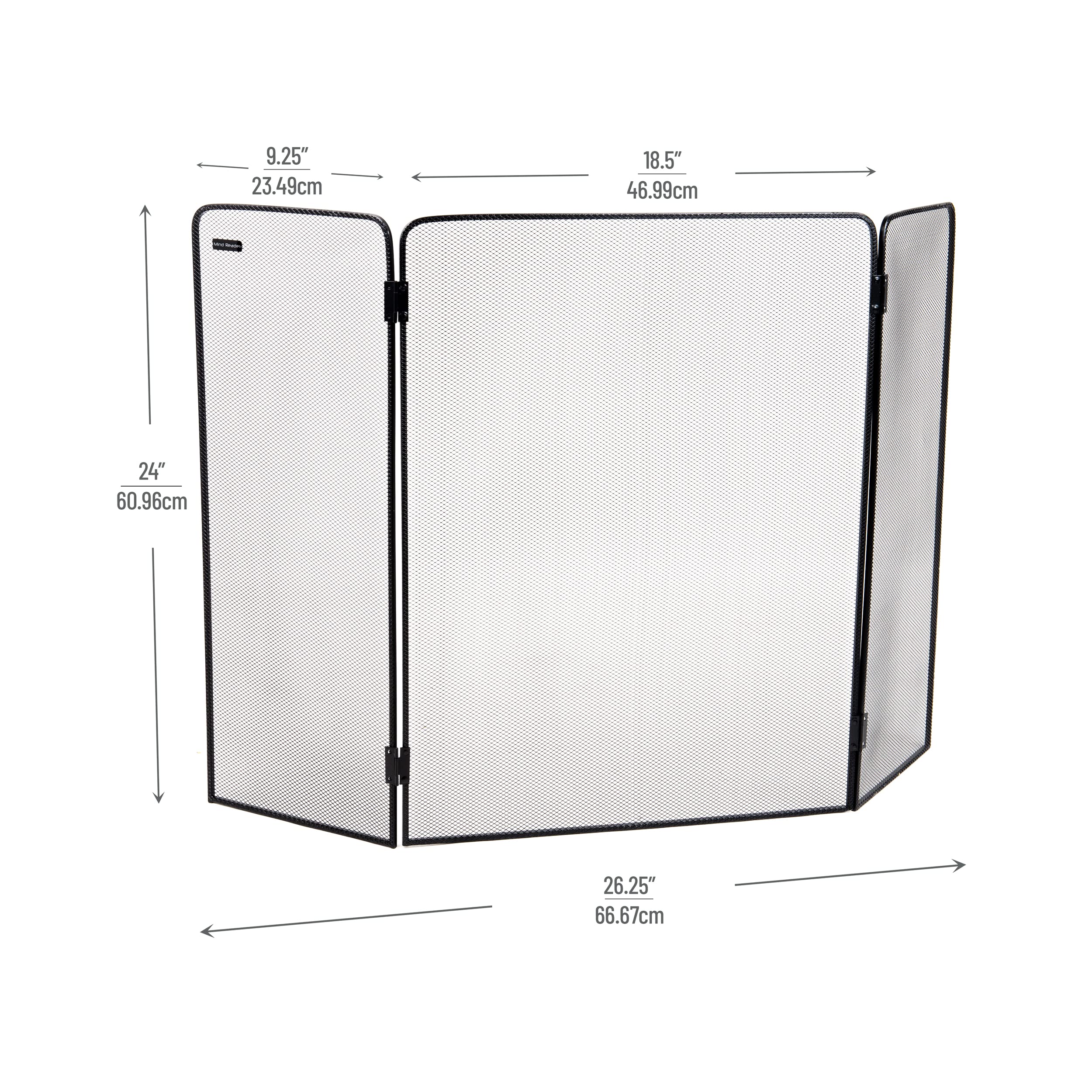 Mind Reader 3-Panel Fireplace Screen, Folding, Indoor Outdoor, Stand Alone, Metal Mesh, 26.25''L X 0.25''W X 24''H, Black