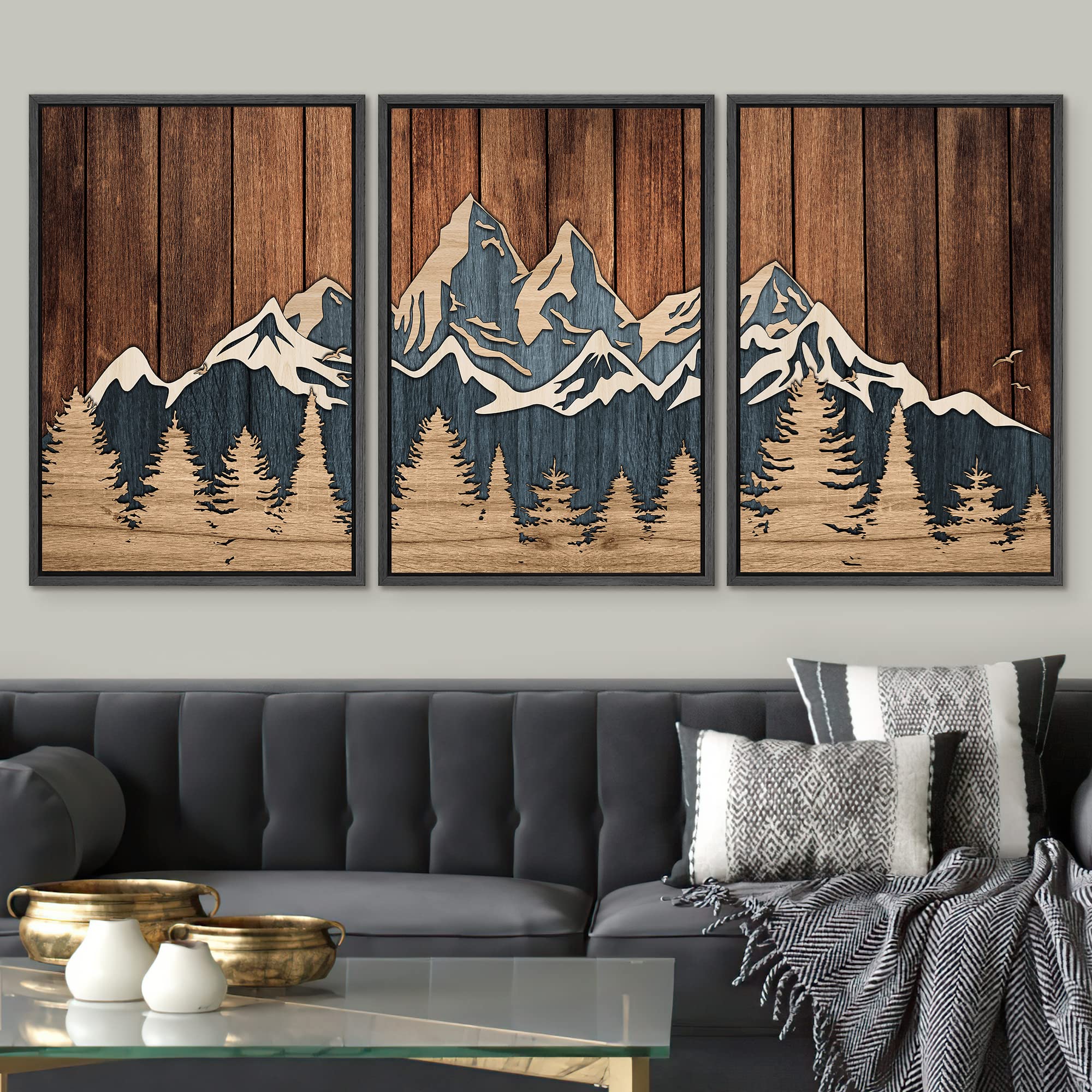 Signwin Framed Canvas Print Wall Art Set Country Wood Panel Mountain Forest Nature Wilderness Illustrations Modern Art Decorativ