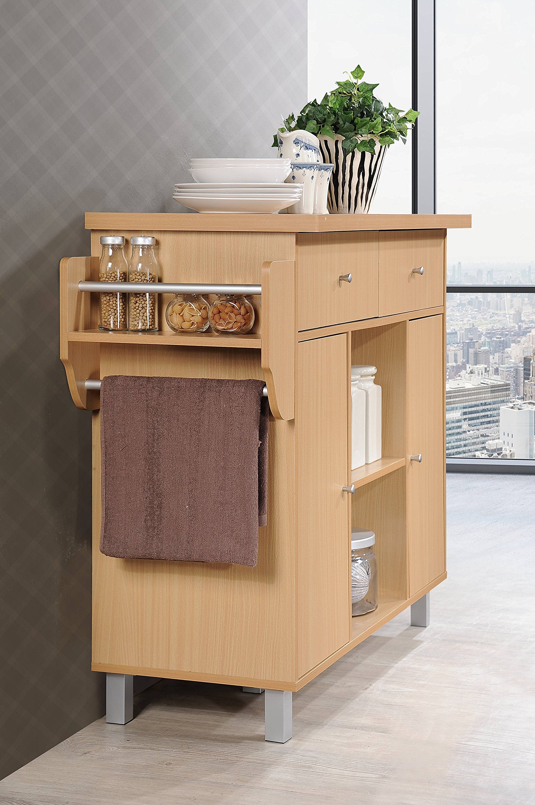 Hodedah Kitchen Island with Spice Rack plus Towel Holder in Beech
