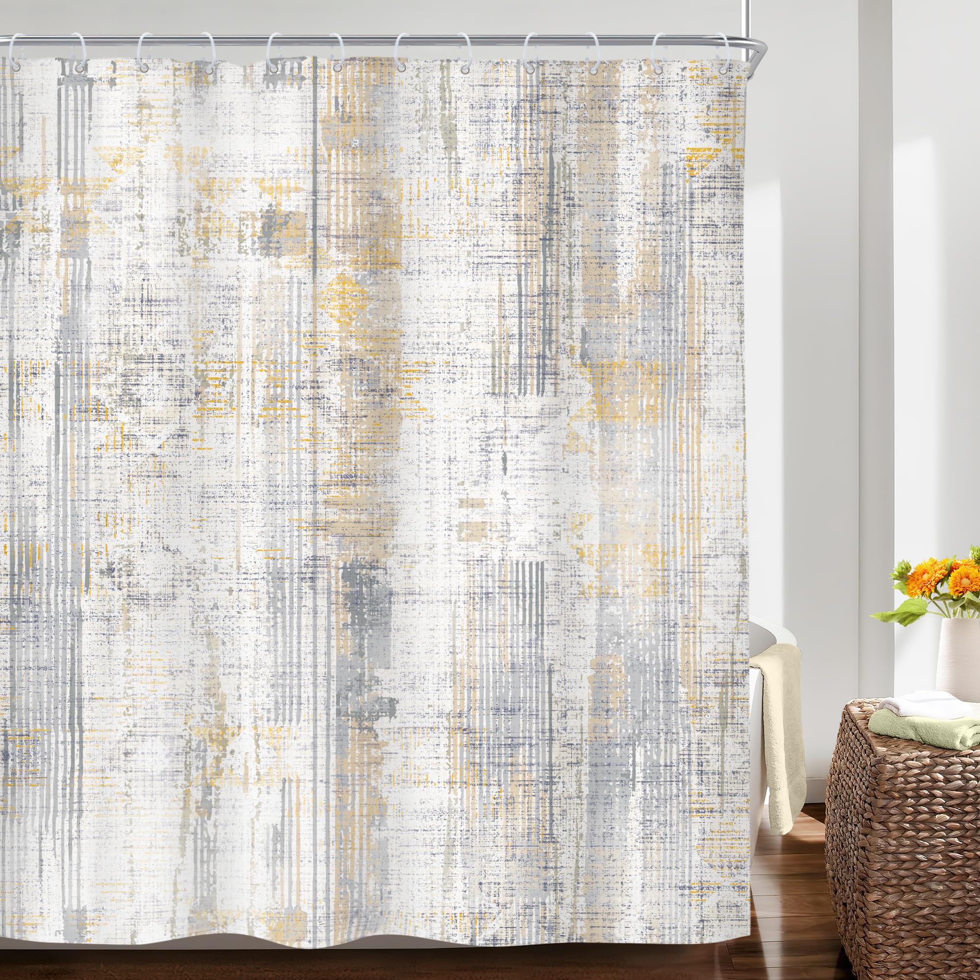 Riyidecor Abstract Blue Brown Grey Shower Curtain Modern Simple Lines Minimalist Geometric 60Wx72H Inch Aesthetic Contemporary N