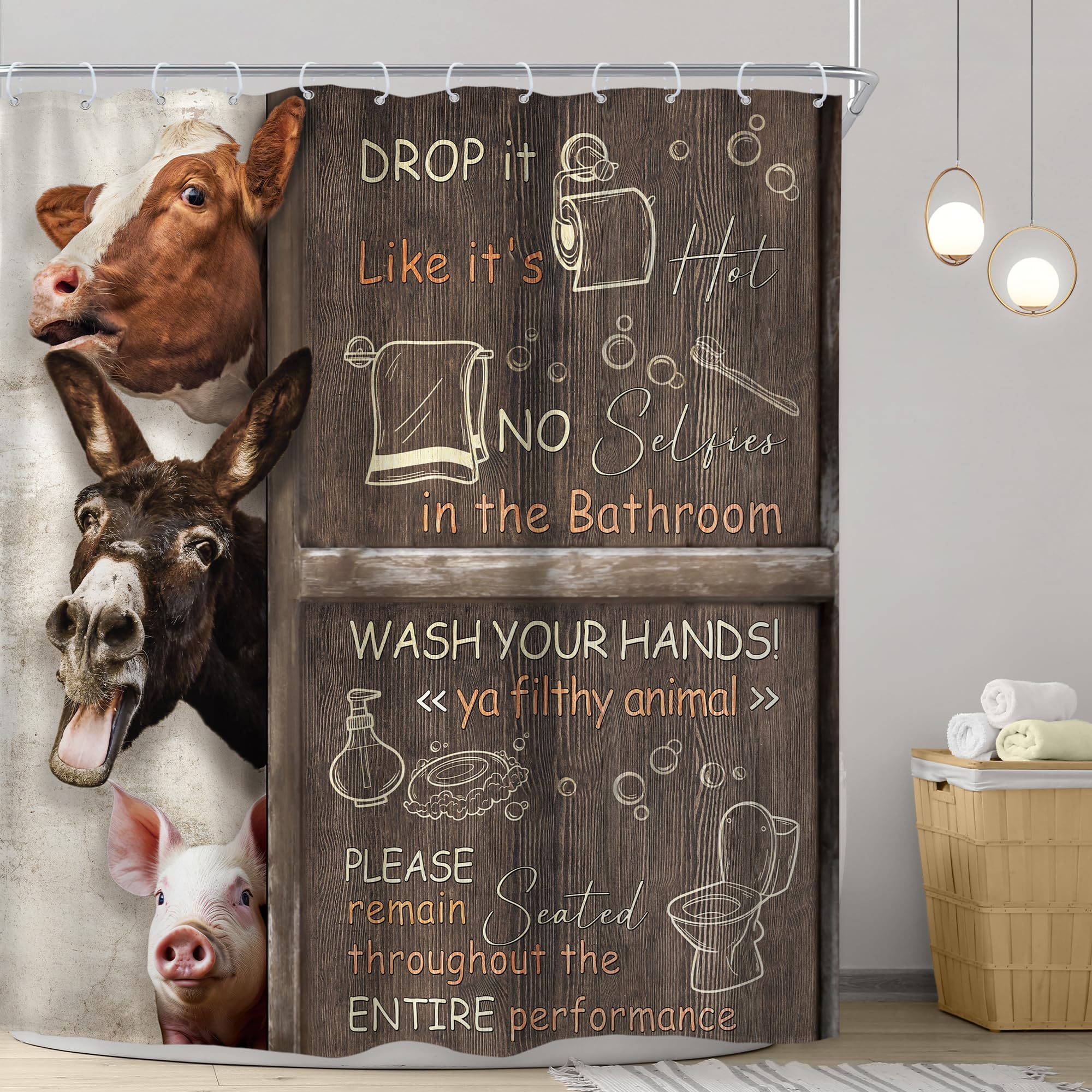 Riyidecor Funny Cow Shower Curtain 72Wx72H Inch Bathroom Rules Farmhouse Animal Donkey Pig Rustic Wooden Board Wildlife Country