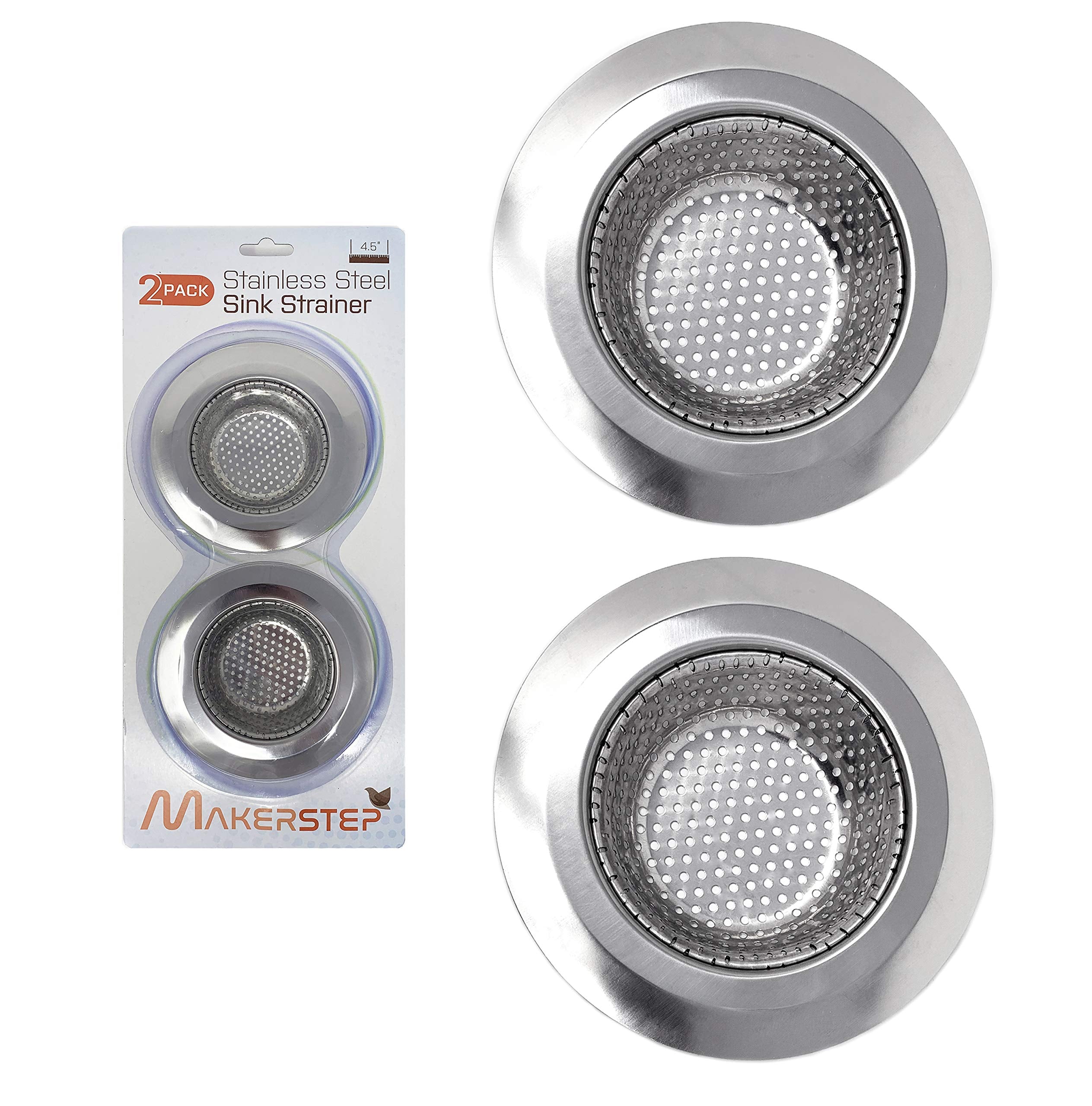 Makerstep 2 Pack of Stainless Steel Sink Drain Strainer Baskets 4.5 Inch Diameter. Kitchen Stopper. for Dishes  Garbage Disposal  Large Wide Rim Prevents Clogged Drains Catcher. Fine Mesh.