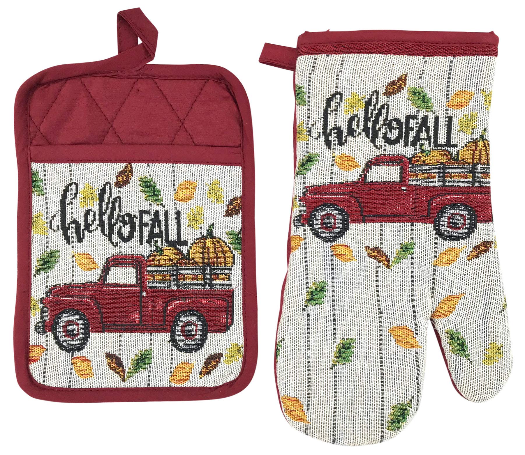 Serafina Home Hello Fall Farm Truck Kitchen Towels And Pot Holder Set: Autumn Harvest Pumpkins And Colorful Leaves, Pot Holder O