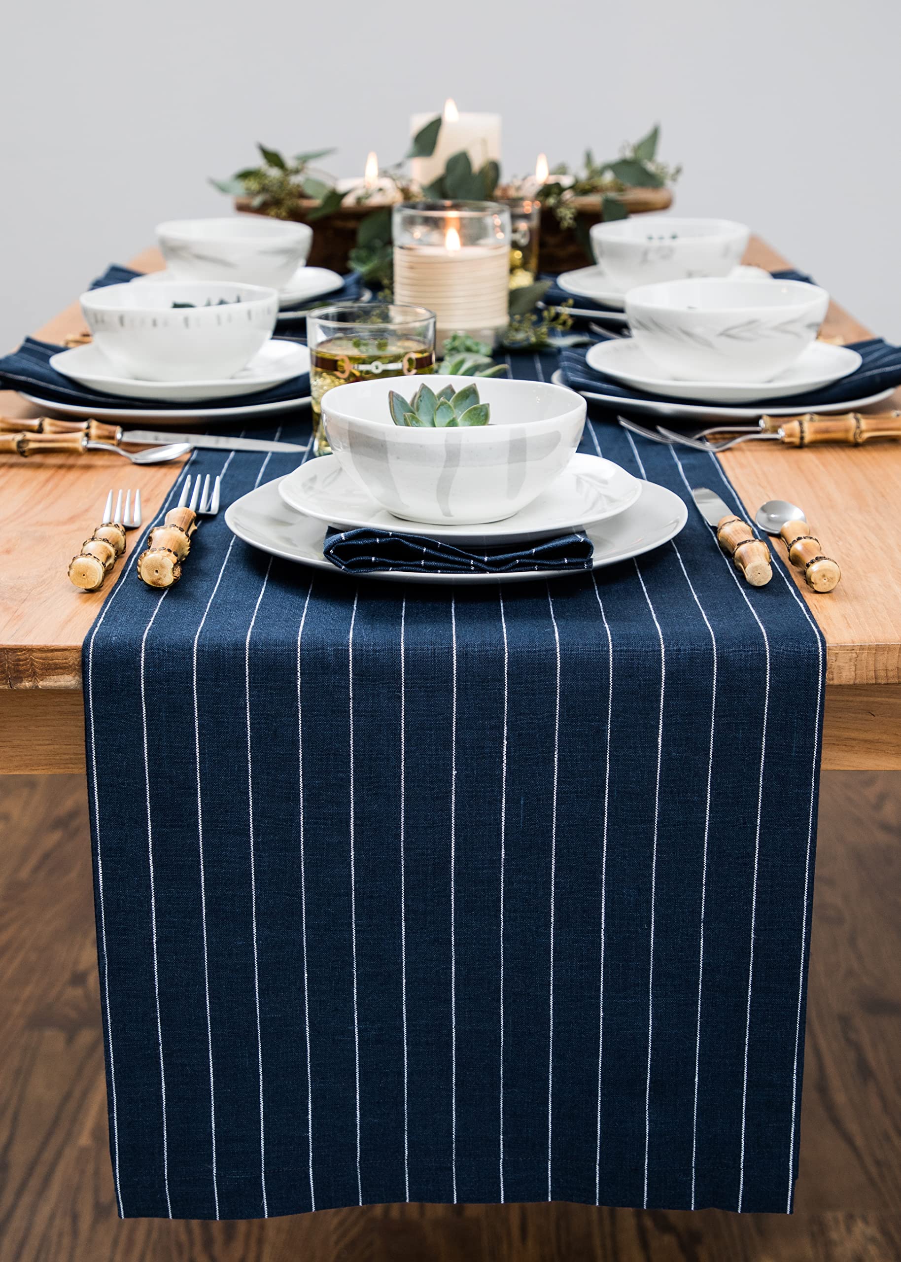 Solino Home Pinstripe Linen Table Runner 120 Inches Long - 100% Pure Linen Navy And White Table Runner 14 X 120 Inch - Machine W