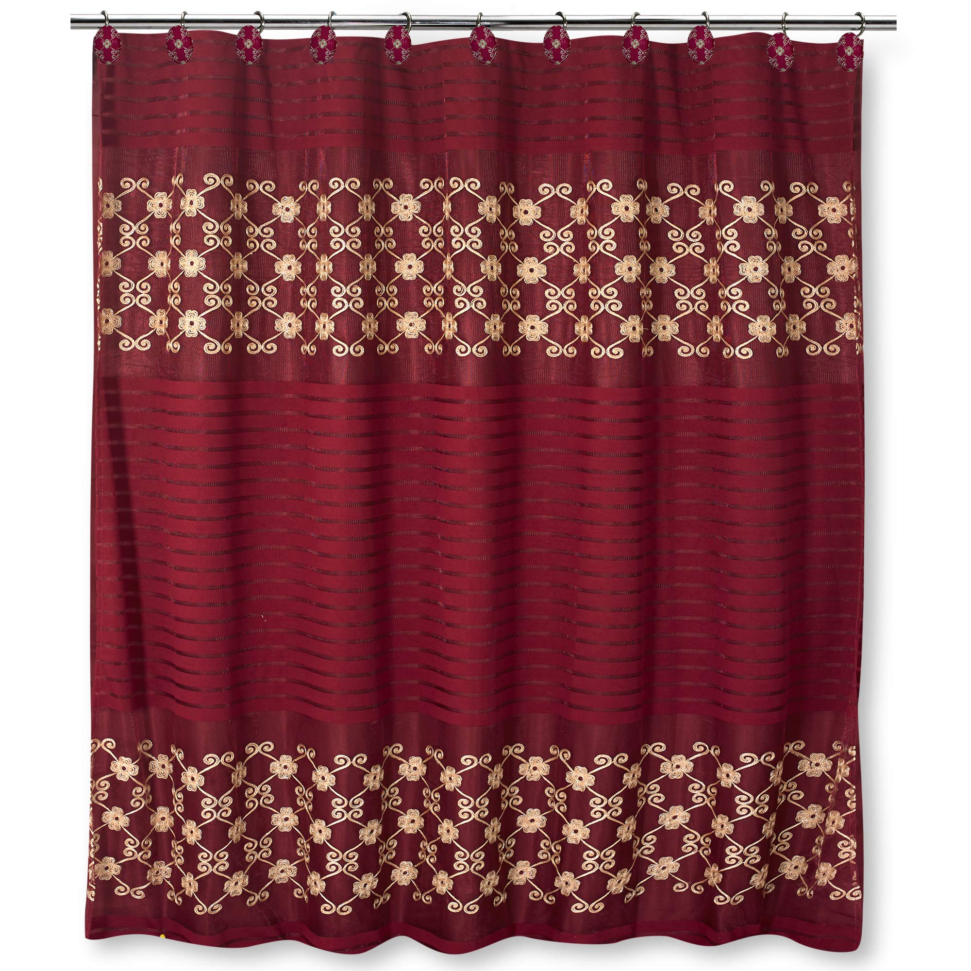 Popular Bath Shower Curtain, Vlegant Rosa Collection, 70'' X 72'', Burgundy/Gold