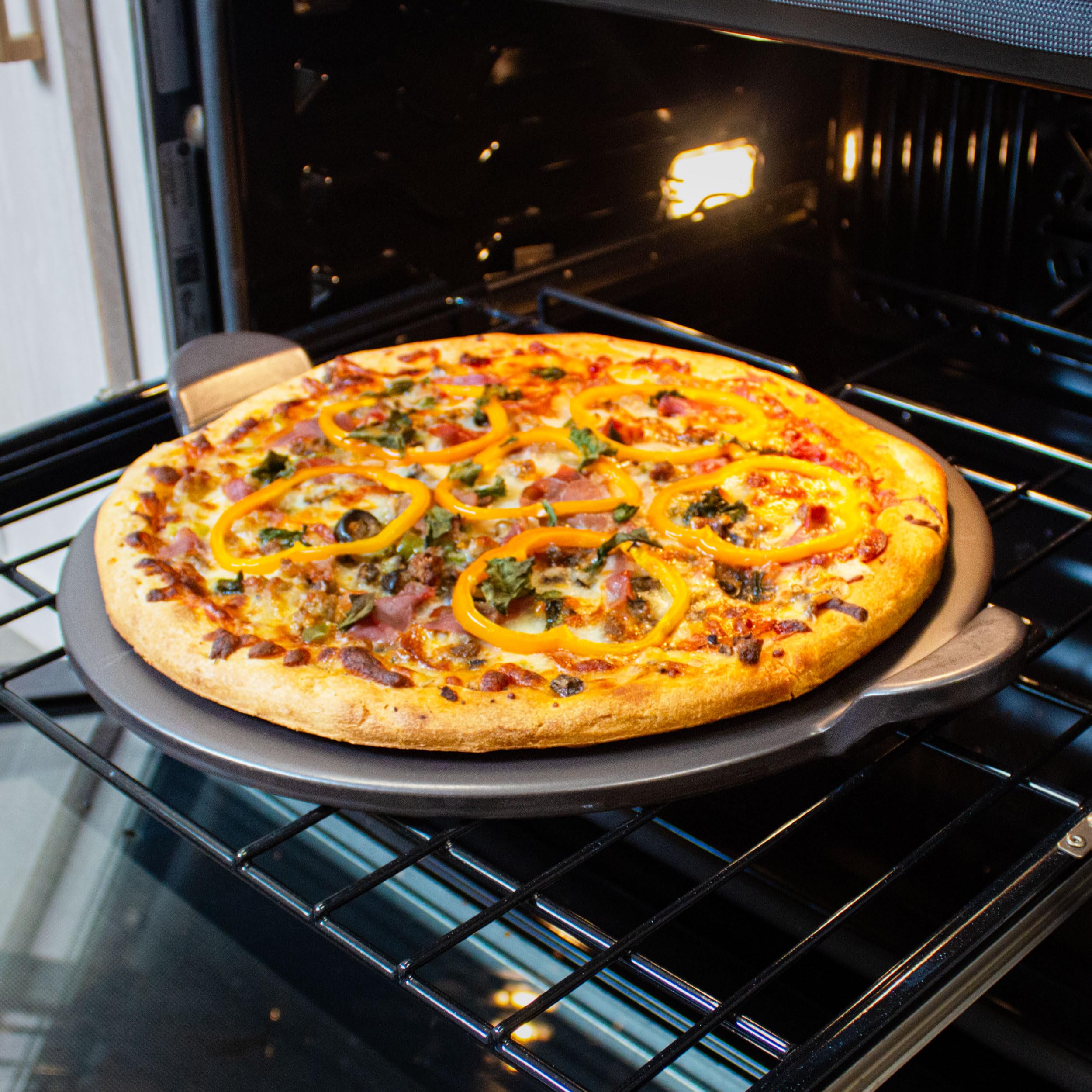 Old Stone Pizza Kitchen Glazed Round Pizza Stone With Handles For Oven And Grill, 15 Inch
