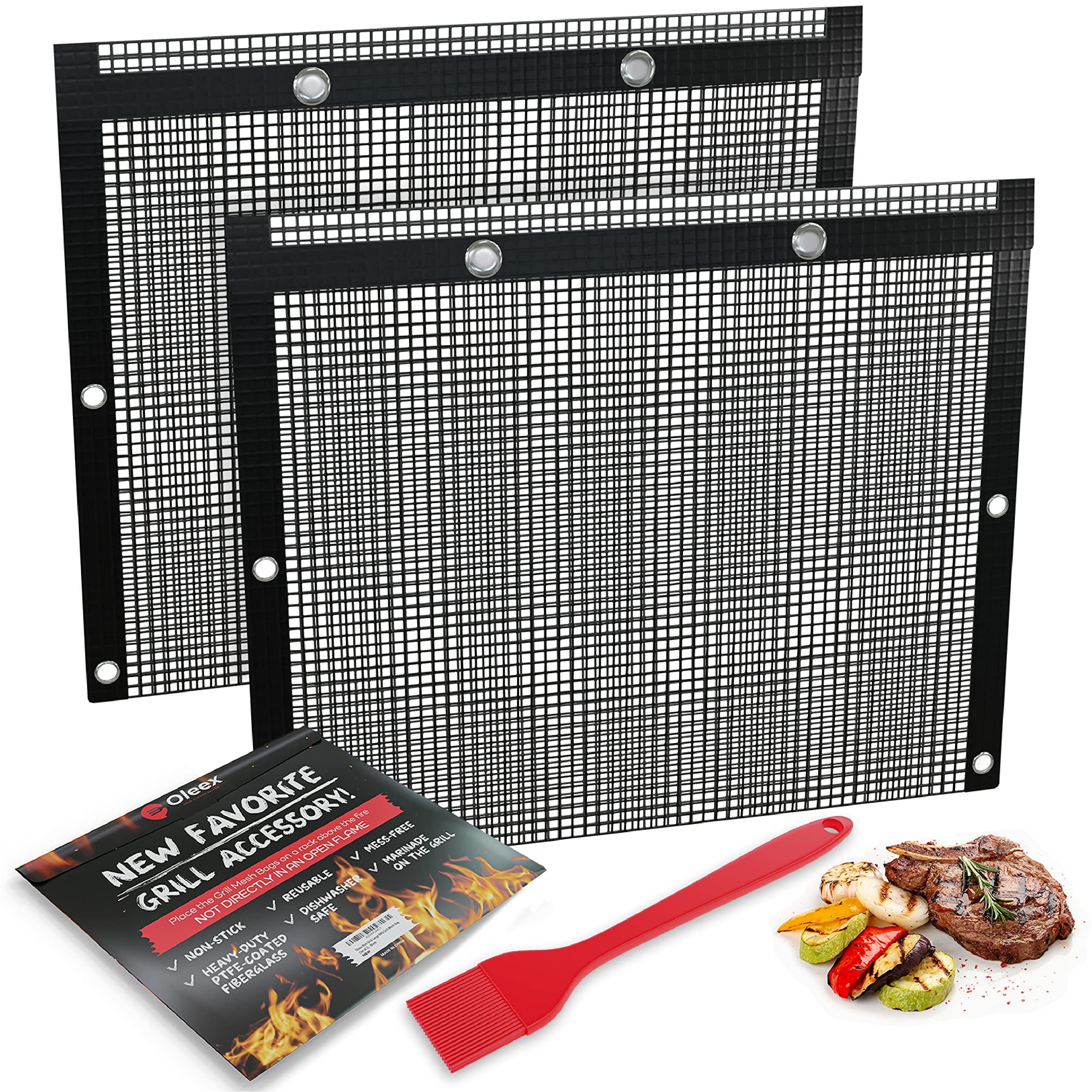 BBQ Non-Stick Large Mesh Grilling Bags + Basting Brush - Reusable PTFE Mesh Indoor Outdoor Charcoal Barbecue Grill Bag Accessories  Heat-Resistant Up to 500 F  Easy to Clean  Dishwasher-Safe - Set of 2