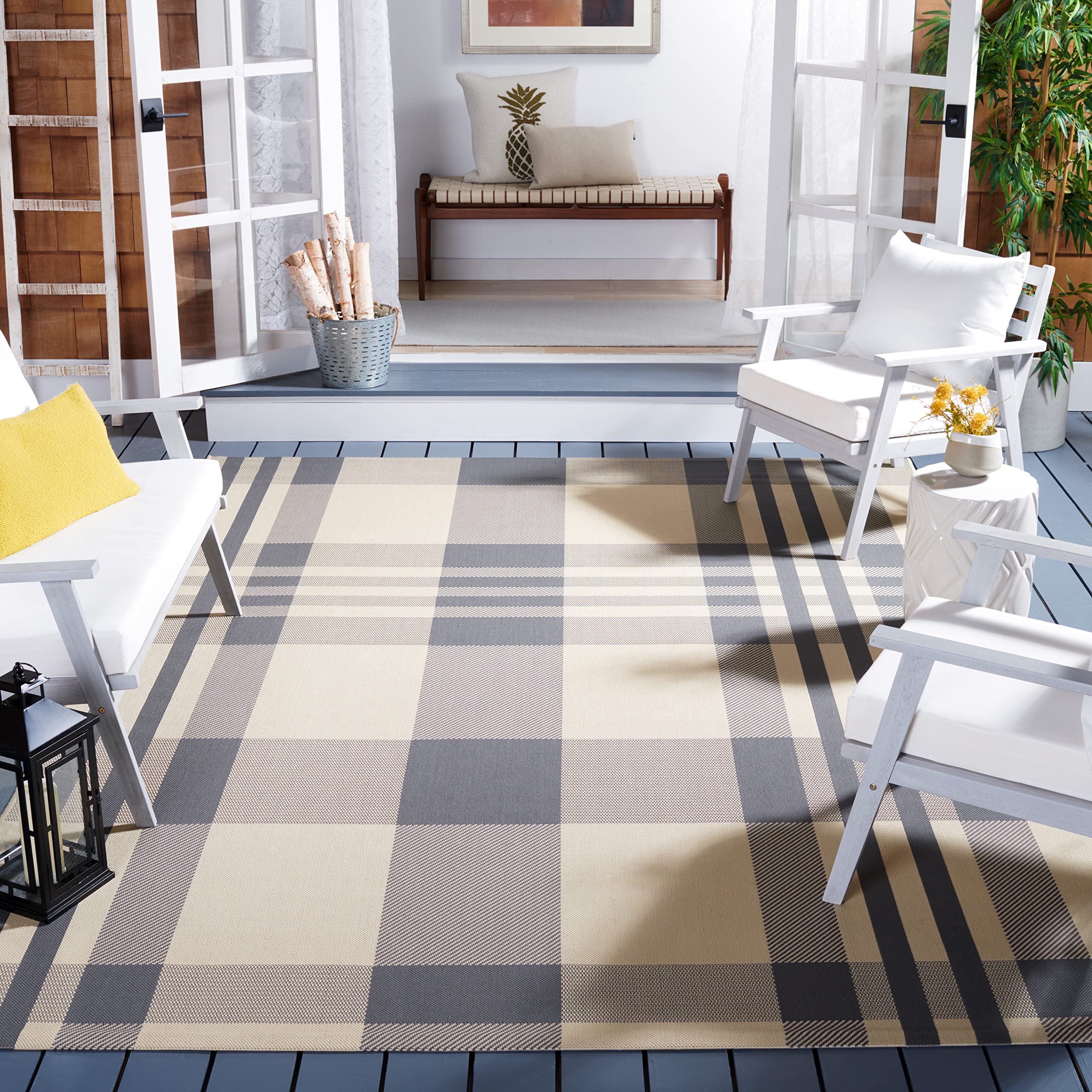 SAFAVIEH Courtyard Collection 23 x 14 Grey/Bone CY6201 Plaid Indoor/ Outdoor Patio Backyard Mudroom Runner Rug