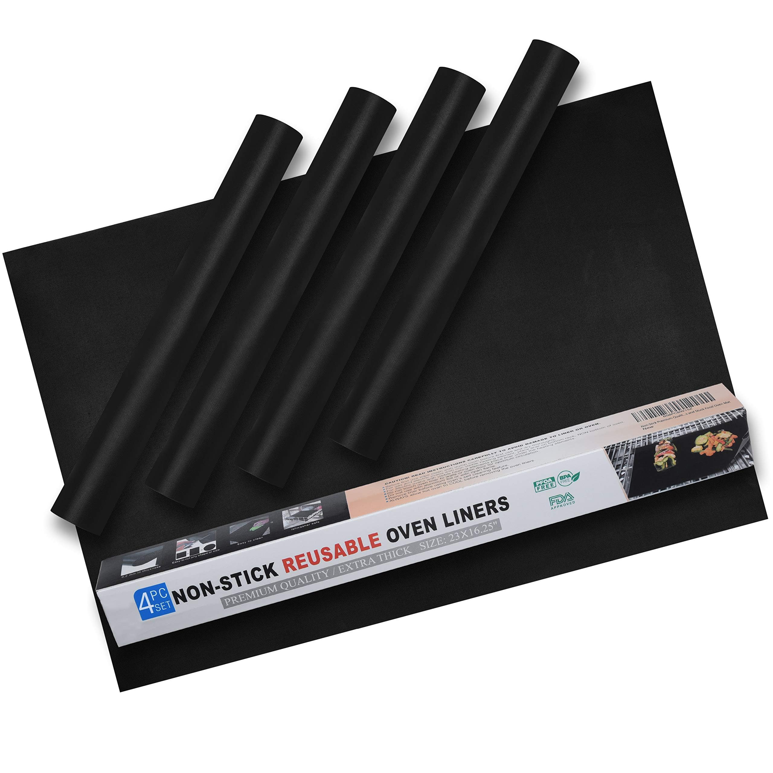 EMAANIA Non-Stick Oven Liners - Heavy Duty 16.5"x23" Mats, BPA & PFOA Free, Black, Reusable, Pack of 4