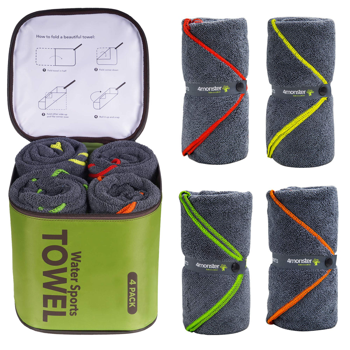 Monster 4 Pack Microfiber Camping Towel Quick Dry,Super Absorbent Portable Swim Towel With Waterproof Towel Bag, Lightweight Boa