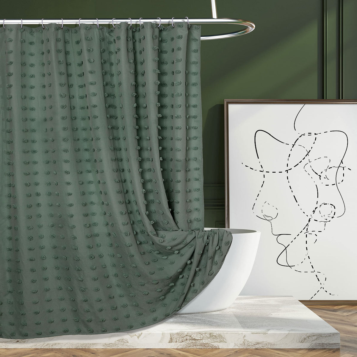 Extra Long Green Boho Shower Curtain Woven Fabric Cute 84 Inch Shower Curtain, 72 X 84 Tufted Pleat Floral Puffs Textured Modern