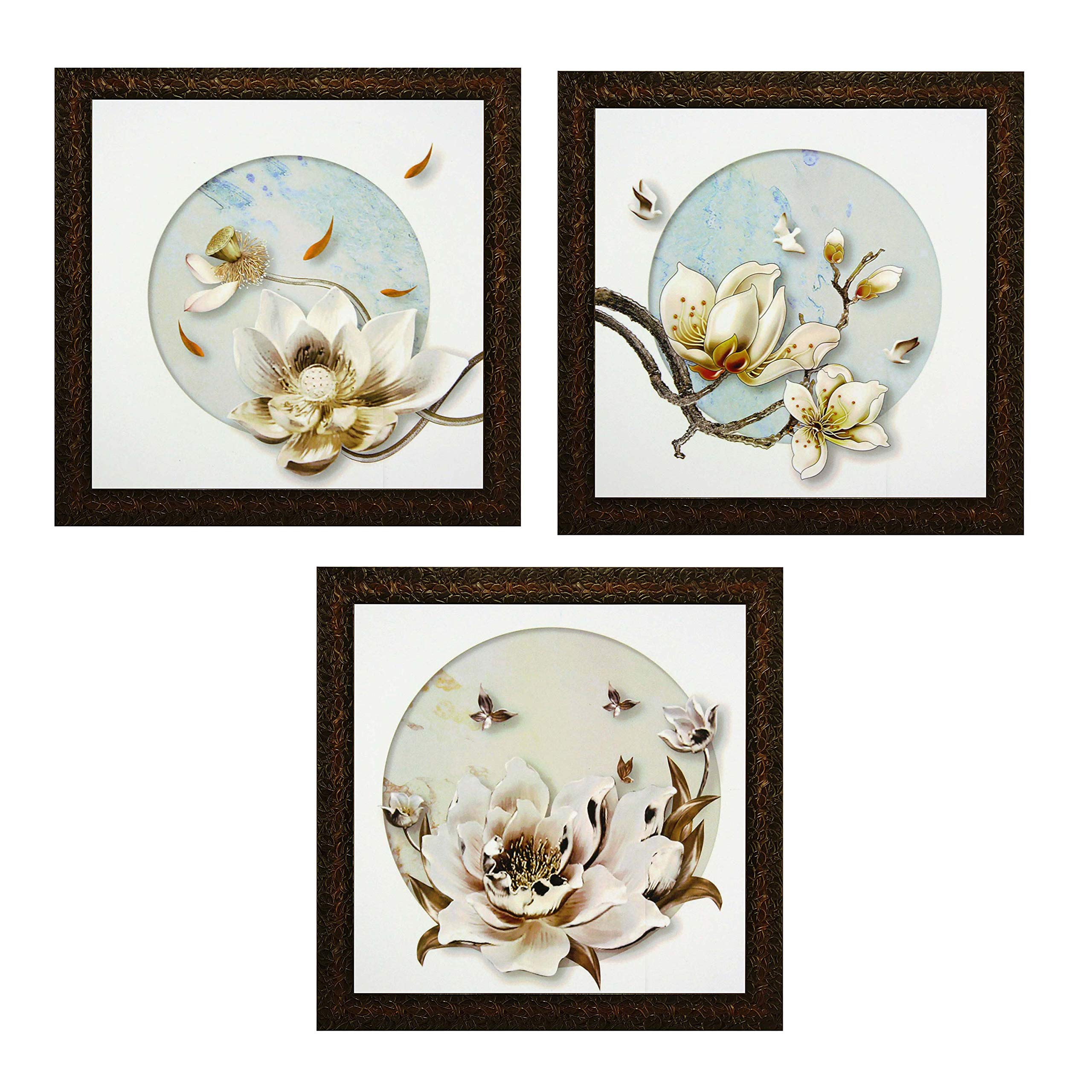 Indianara Set Of 3 White Birds On White Flowers Framed Wall Hanging Laminated Paintings Matt Art Prints 9 Inch X 9 Inch Each Wit