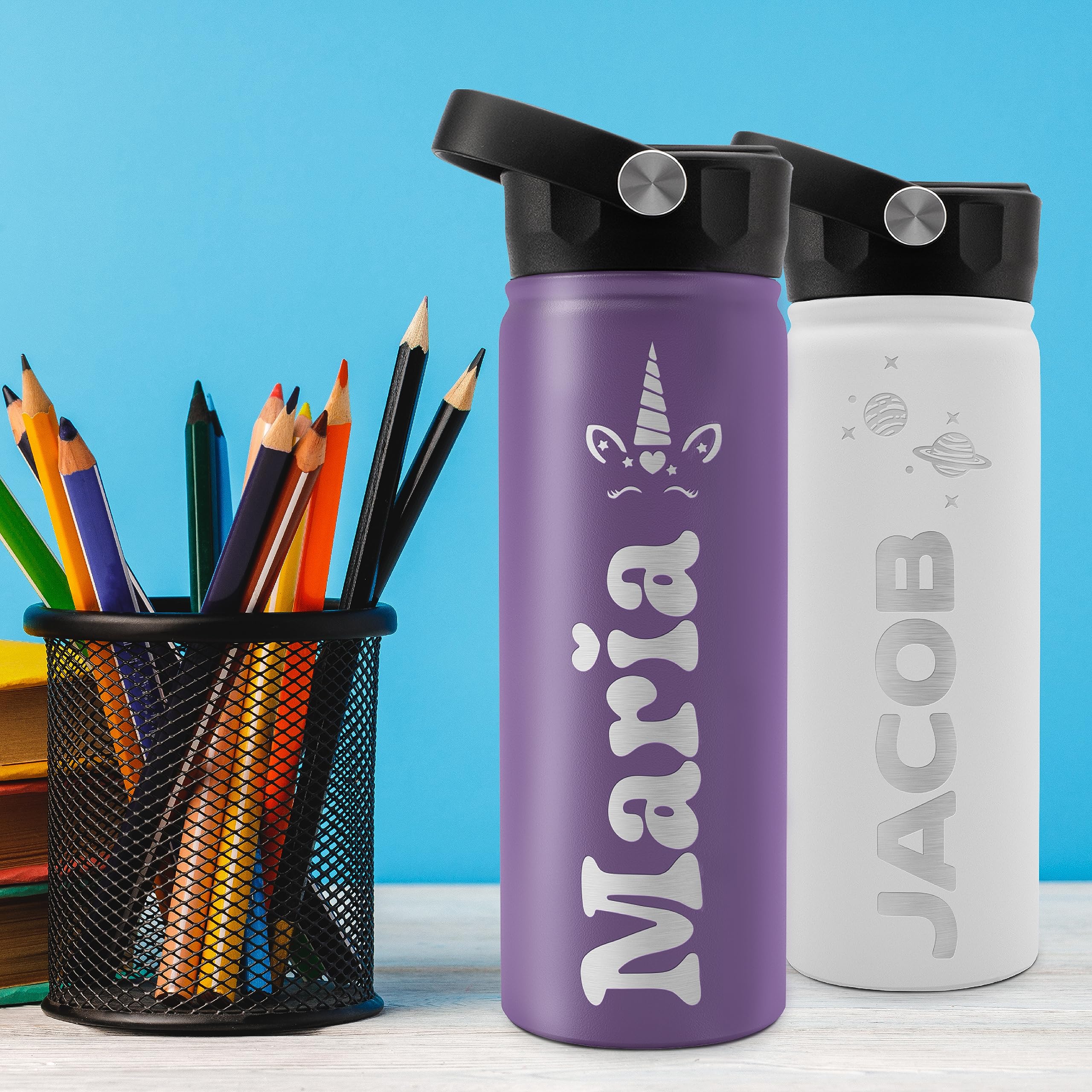 Giftbygifty Personalized Kids Water Bottle W/Name And Icon - 18 Oz - 9 Colors - Bpa Free, Back To School Gifts, Custom Water Bot