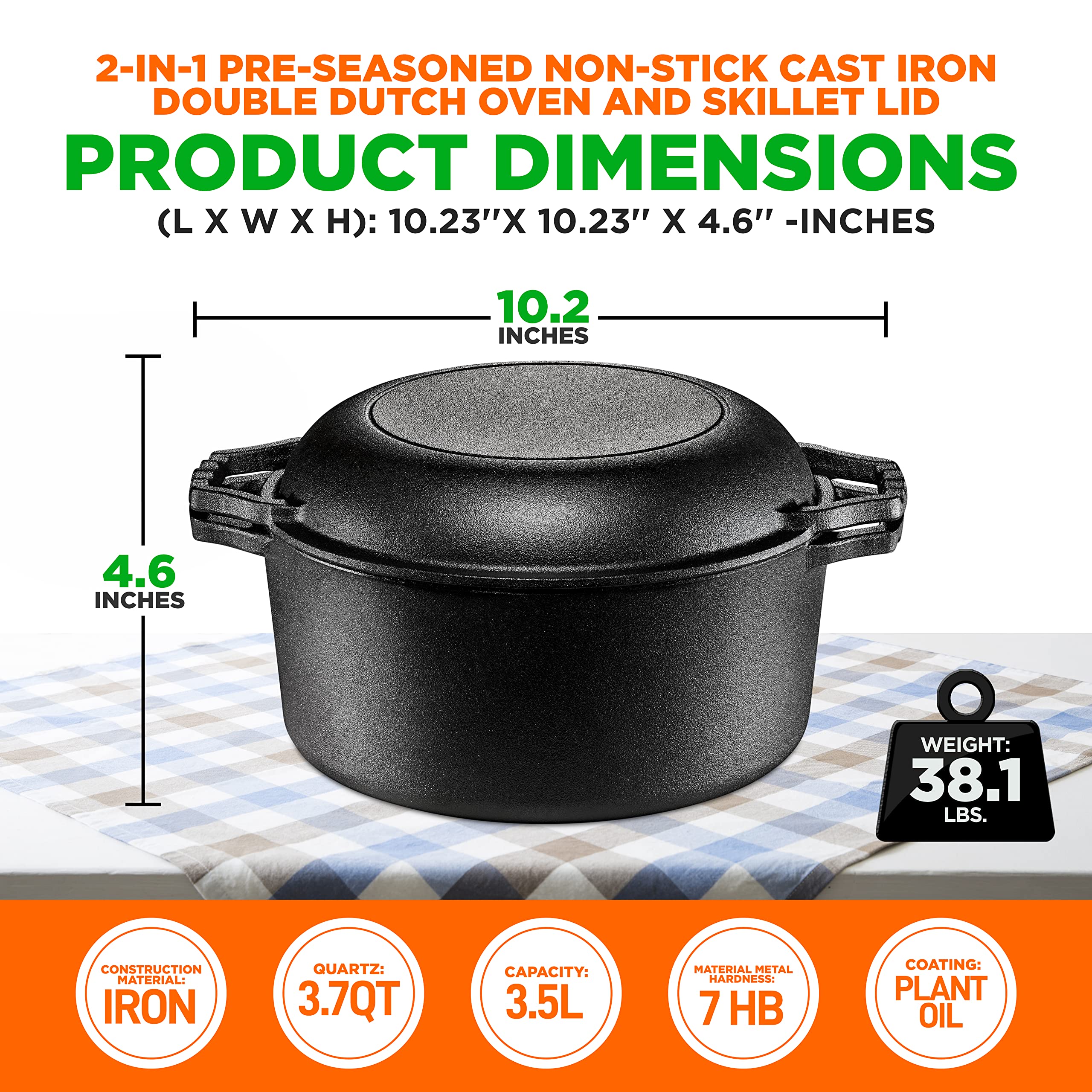NutriChef Cast Iron Multi Cooker - Pre-Seasoned Double Dutch Oven, Black, One Size, Model NCCI2PT8, Non-Stick for Stove & Oven Cooking