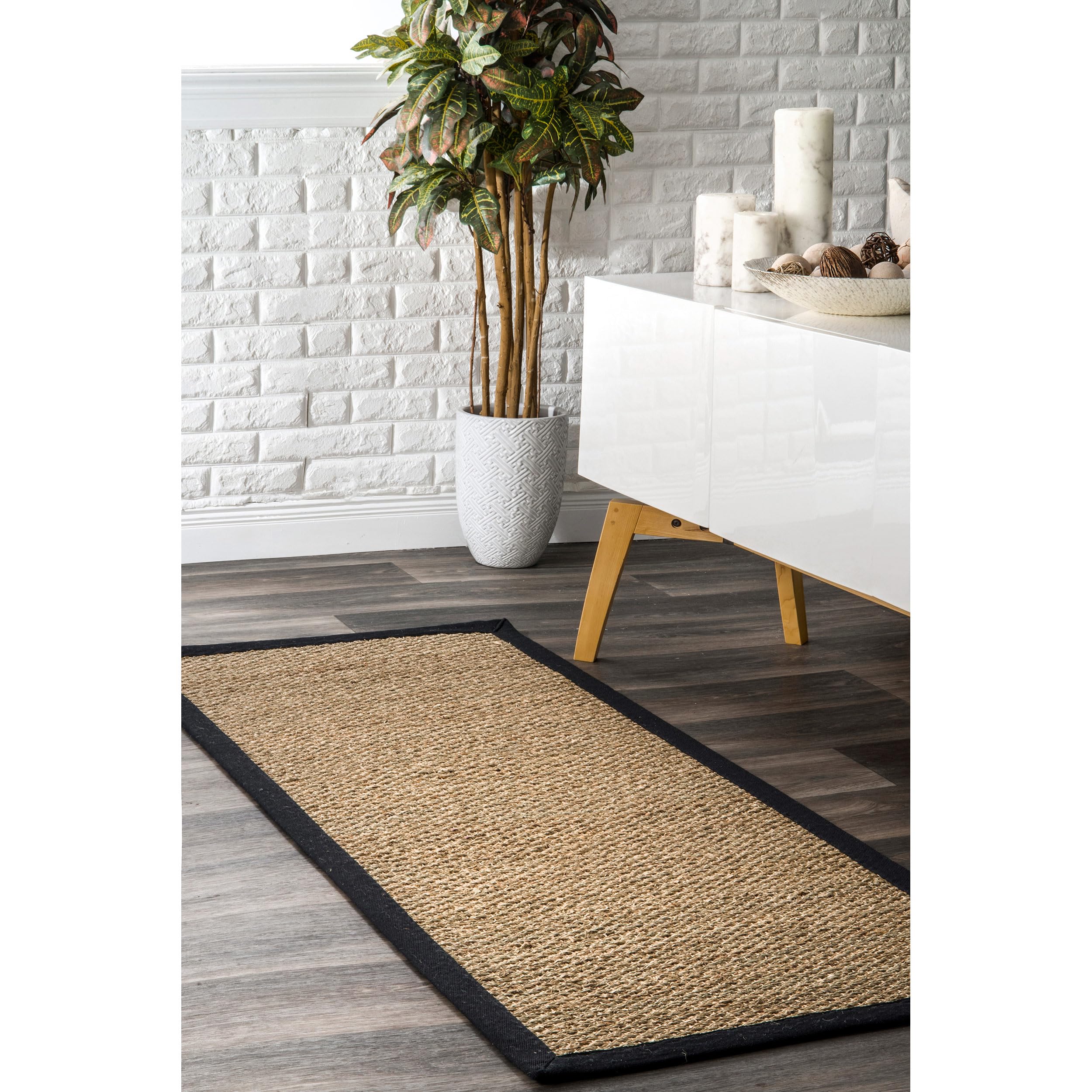 nuLOOM 26x8 Elijah Seagrass Area Rug, Black, Solid Farmhouse Style, Cotton Bordered, Basketweave, Natural Fiber, For Bedroom, D