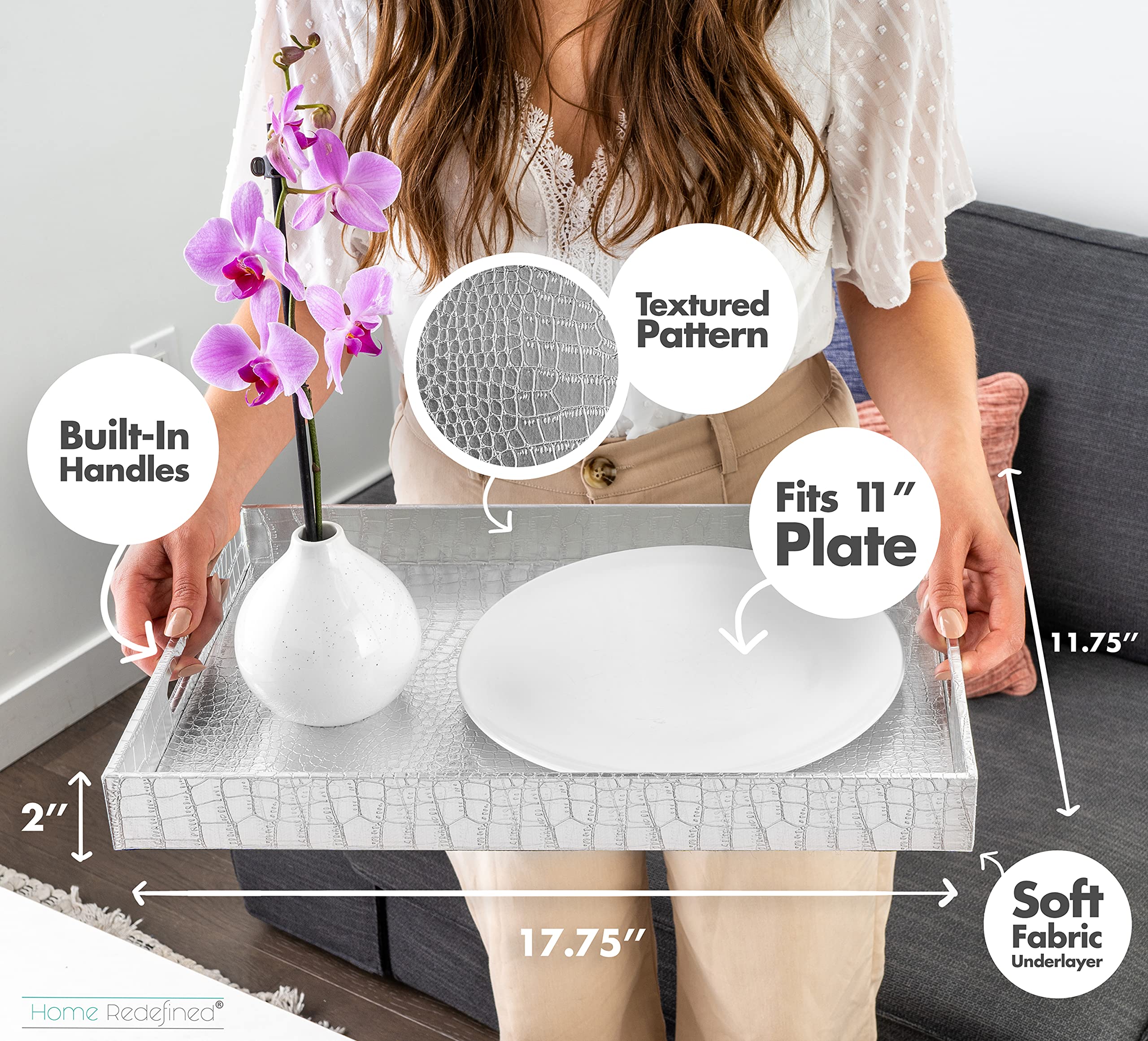 Home Redefined 18   X12    Rectangle Alligator Faux Leather Decorative Serving Tray With Handles, Silver Bathroom Room Decor