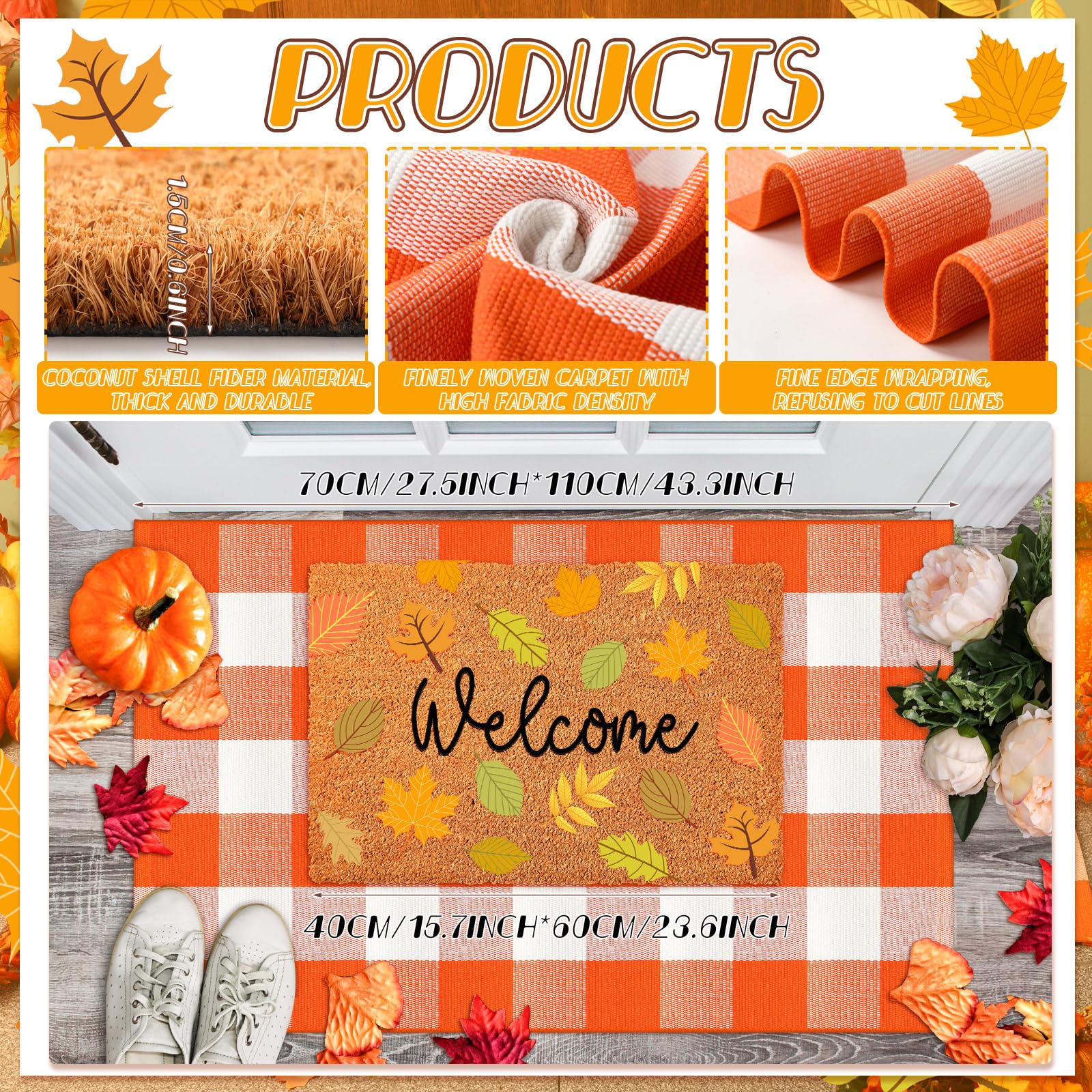 2 Pcs Thanksgiving Coir Doormat Outdoor Thanksgiving Maple Leave Welcome Outdoor Rugs for Layered Buffalo Orange White Plaid Mat
