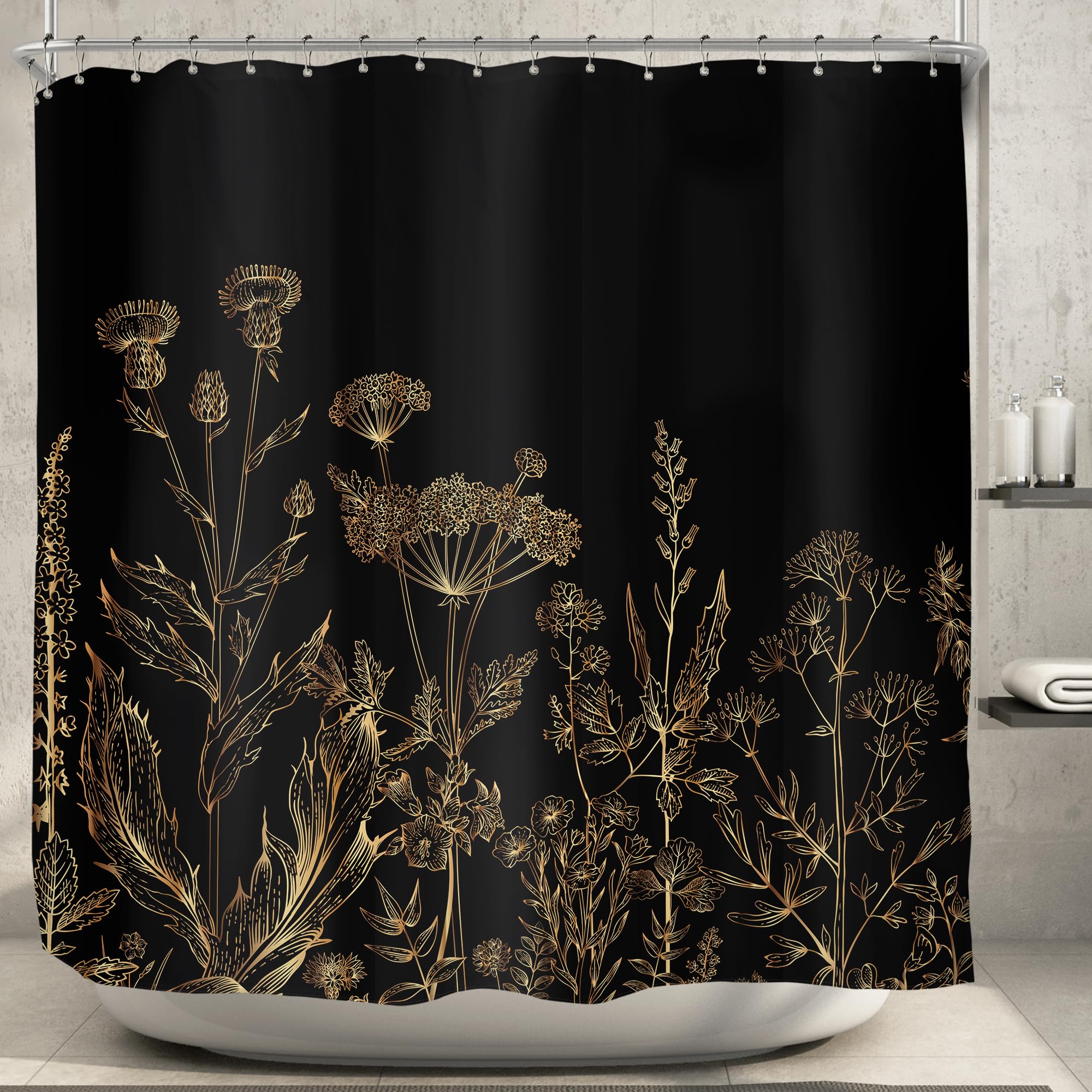 Riyidecor Clawfoot Tub Extra Wide Shower Curtain For Bathroom Decor 180Wx70H Black And Gold Floral Wildflower Wrap All Around Ci