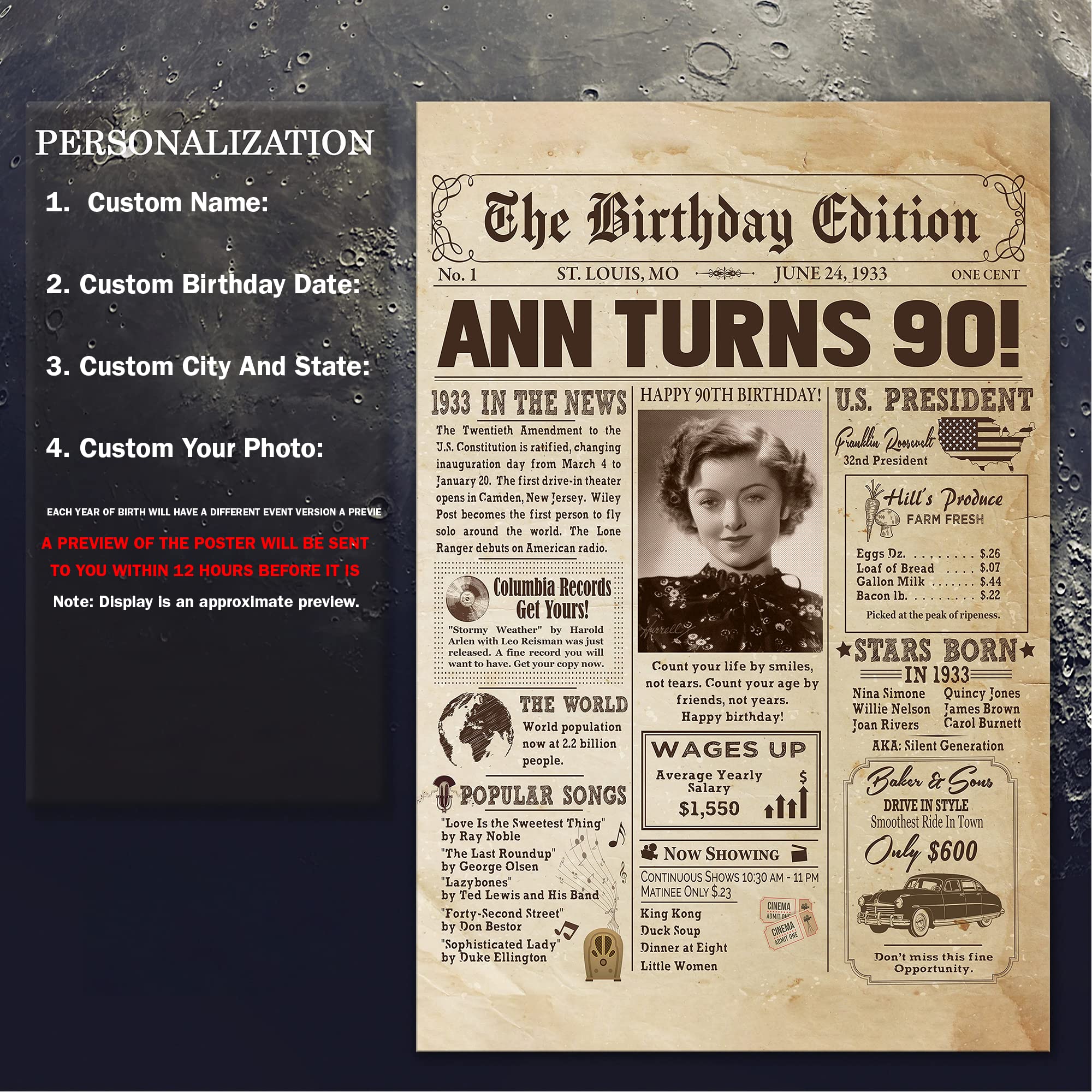 Personalized 90Th Birthday Newspaper Poster No Frame, Canvas Back In 1933 Gifts Idea Birthday, Anniversary, Custom Photo Birthda