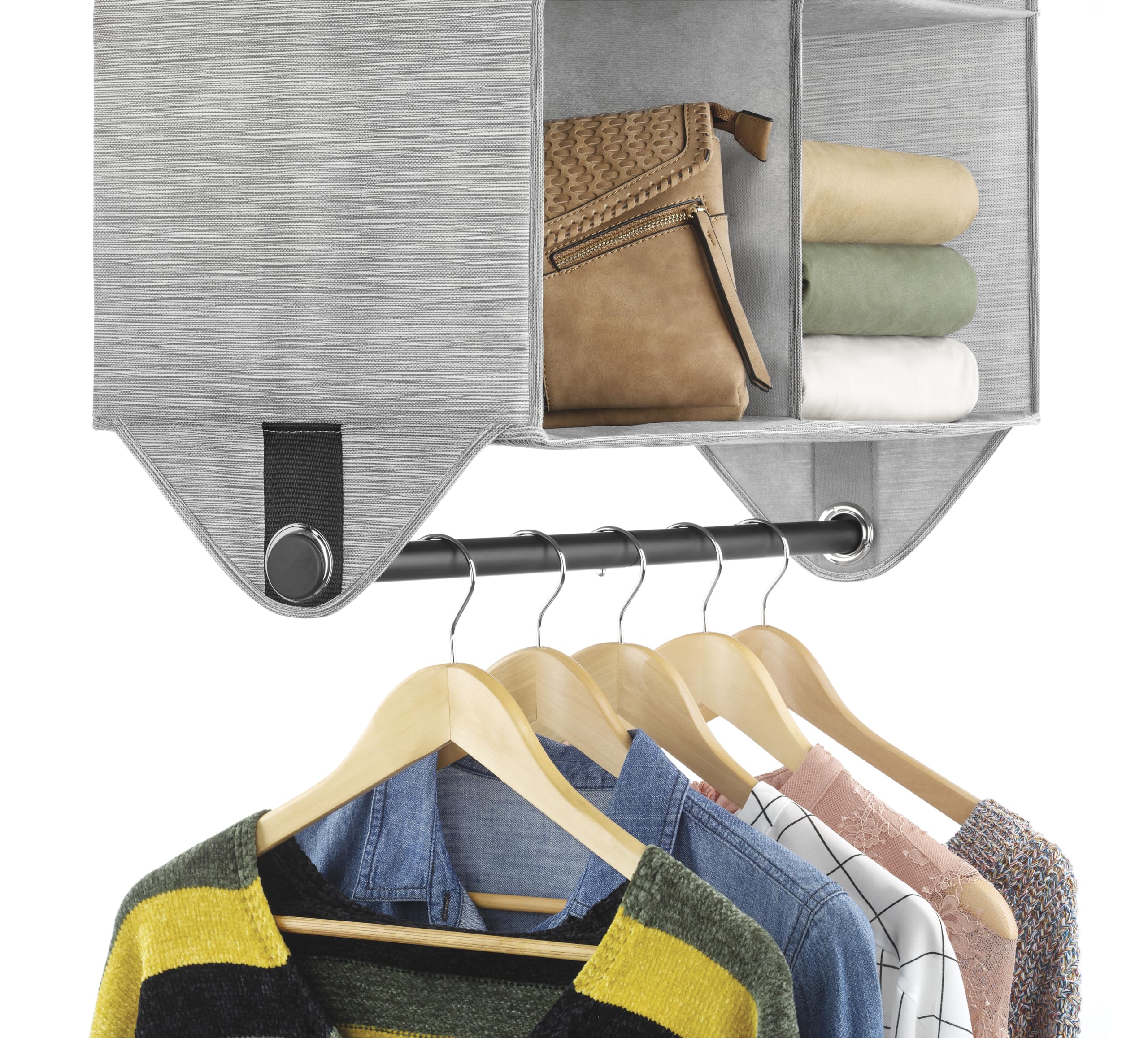 Whitmor Hanging Closet Organizer - 4 Section Closet Organizer With Garment Rod - Space-Dyed Grey