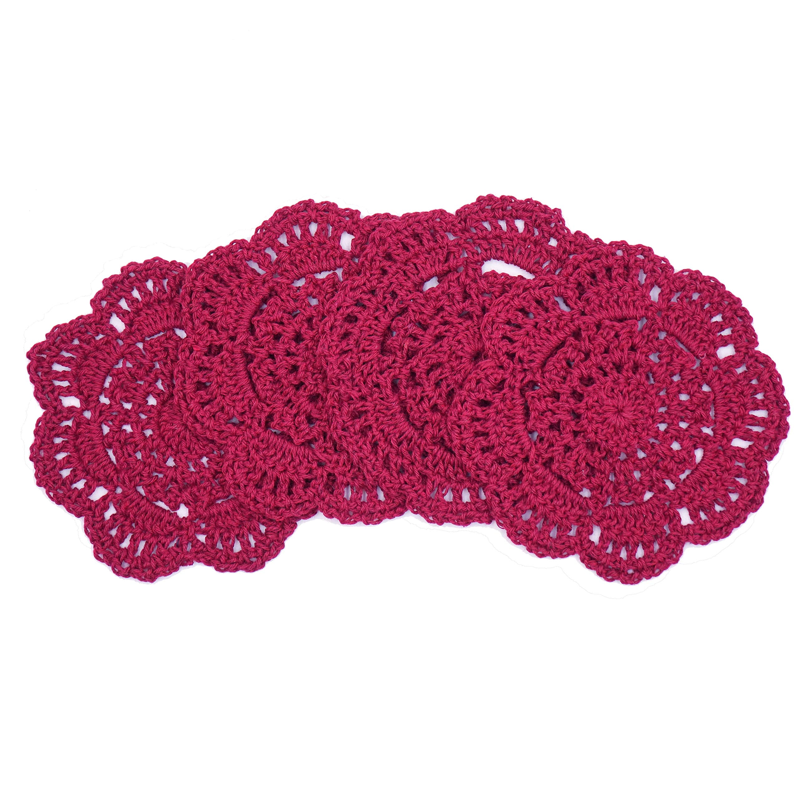 Phantomon Lace Round Crochet Doilies Handmade Coasters, 4-Inch, Pack Of 4 (Burgundy)