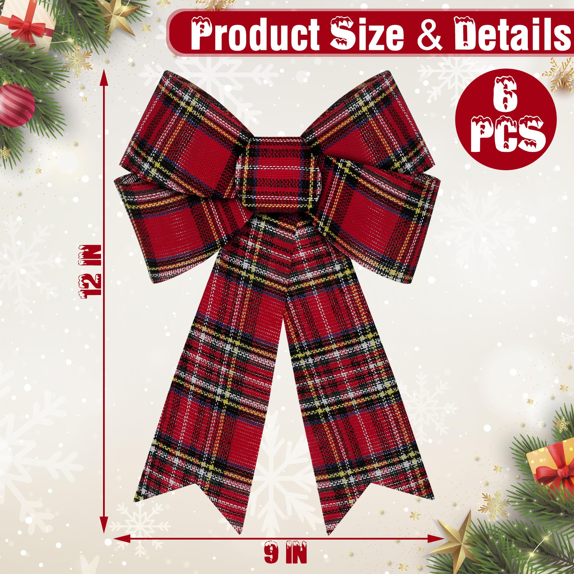 6 PCS Christmas Tree Decor, 9 x 12 Inch Large Christmas Bows, Buffalo Plaid White Black Red Xmas Decor PVC Xmas Decor Indoor Out