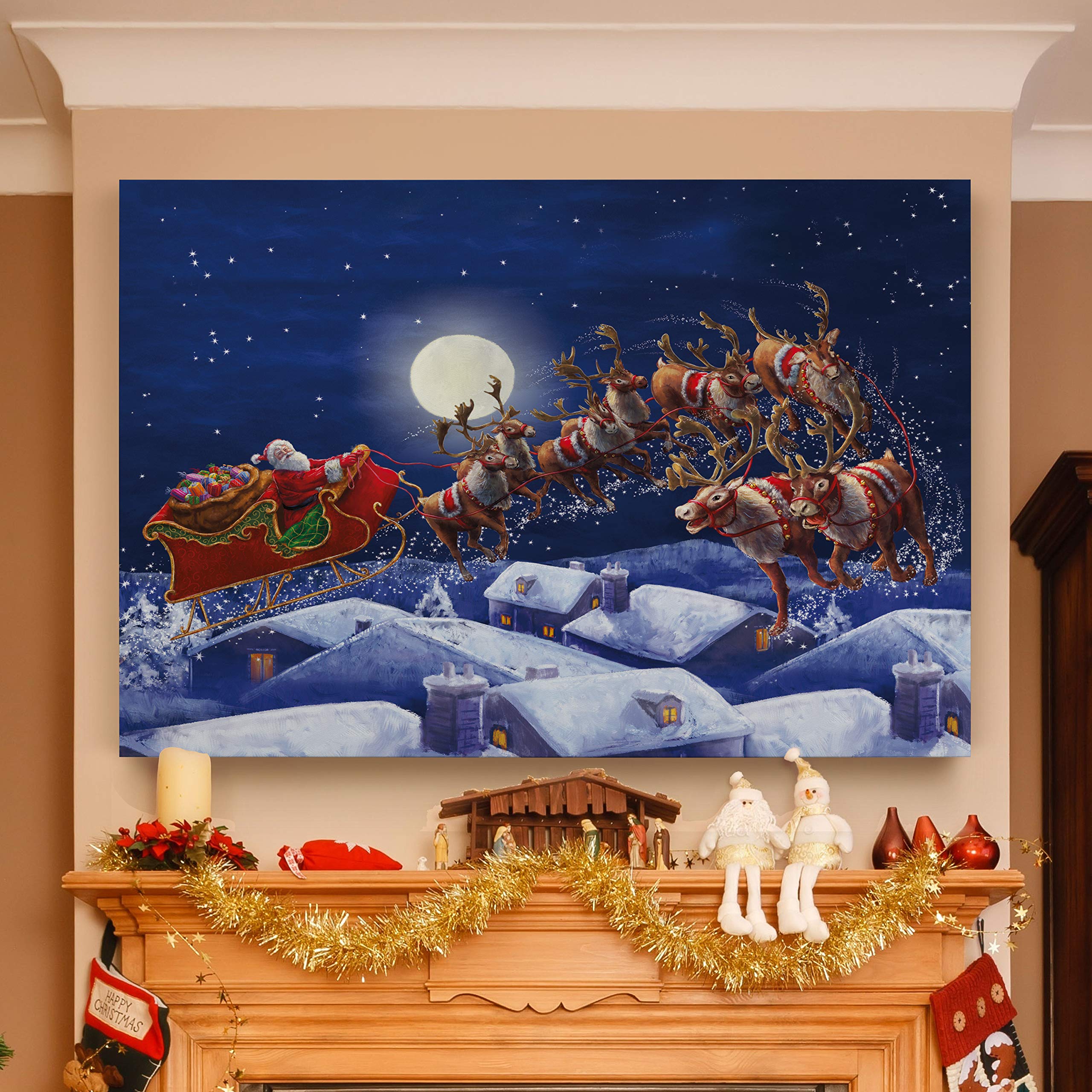 Renditions Gallery Gallery Wrapped Canvas Christmas Wall Art Print For Holiday Decor, 36X48, Santa With Sleigh