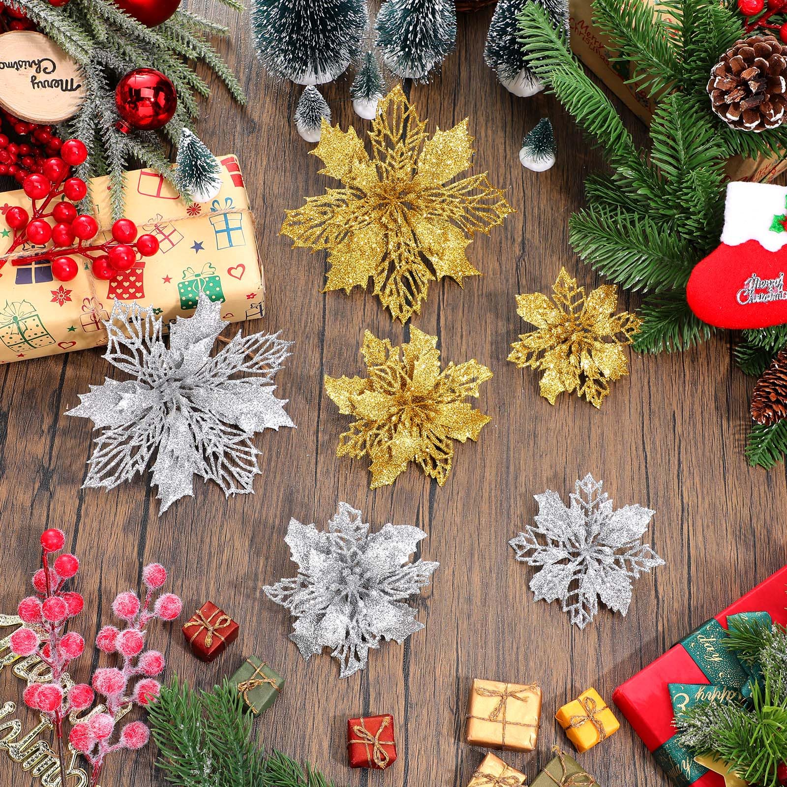 Boao 24 Pieces Gold and Silver Christmas Poinsettia Flowers Glitter with Clips Christmas Ornaments Decorations for Tree Artifici