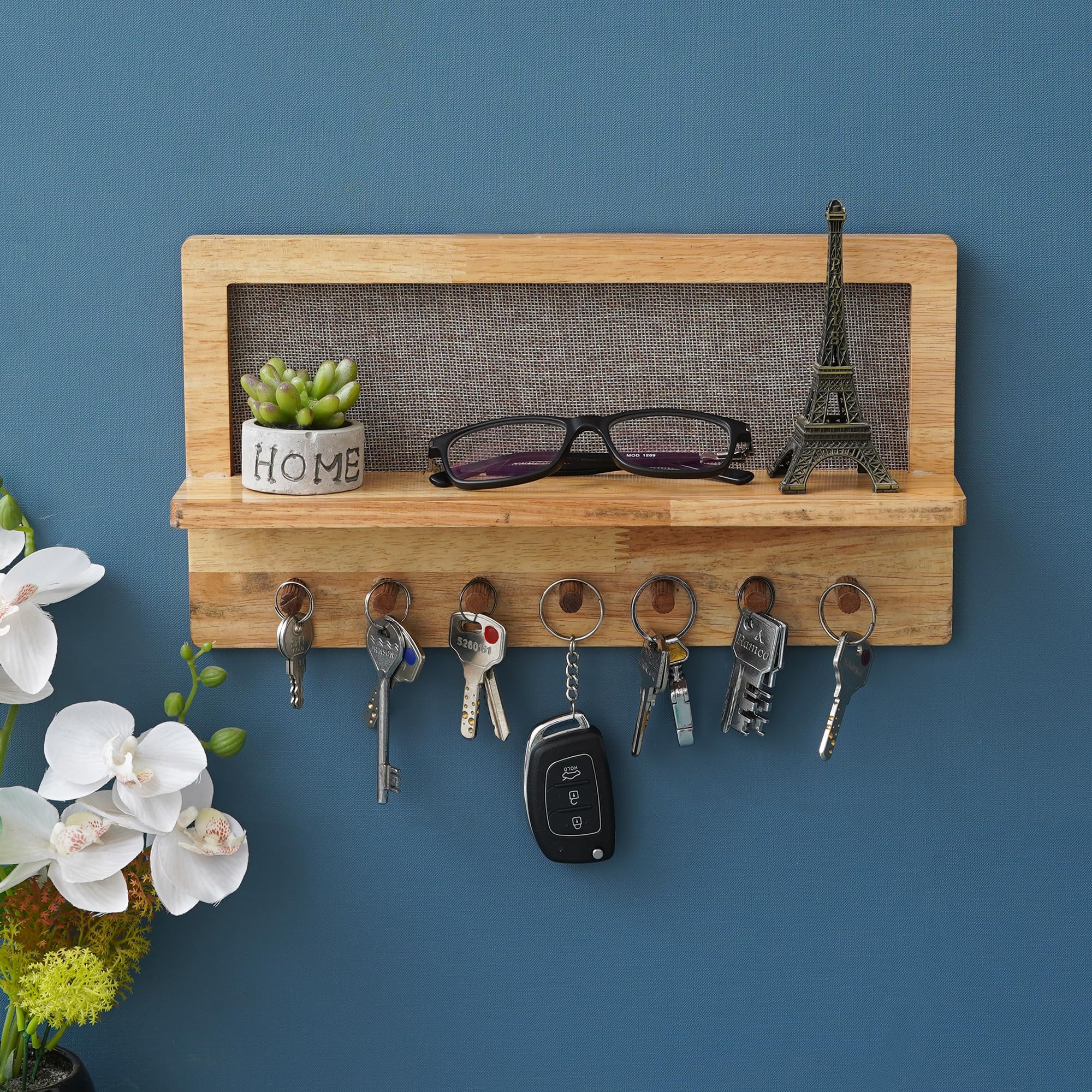 eCraftIndia Light Brown Multiutility Wooden Shelf with Key Holder for Wall with 7 Key Hooks | Wall Key Holder for Home Decor Off
