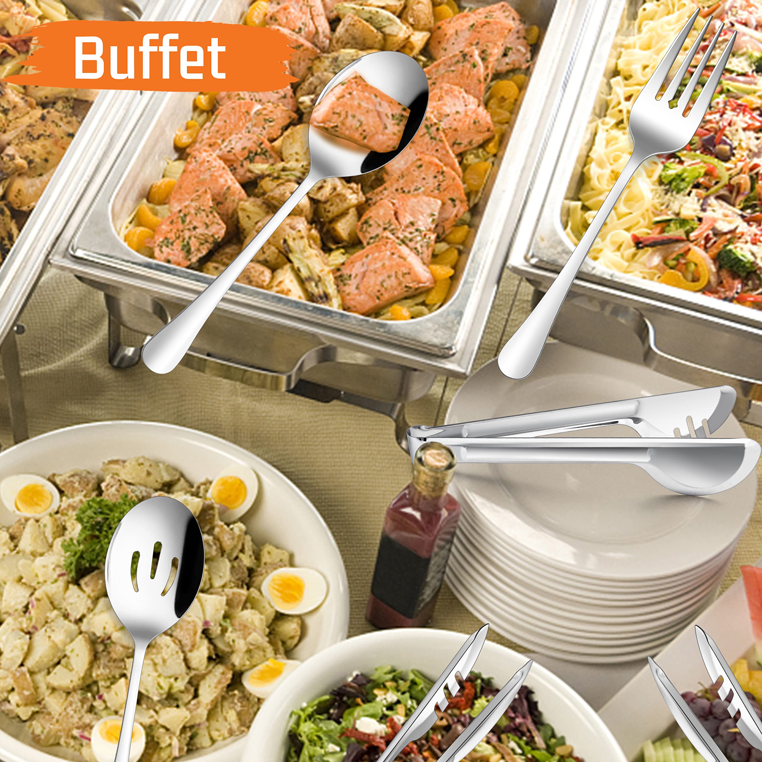 E-Far Large Serving Utensils Set Of 8, Stainless Steel 9.8 Inch Serving Spoons Slotted Spoon, 9.9 Inch Serving Fork, 9.4 Inch Se