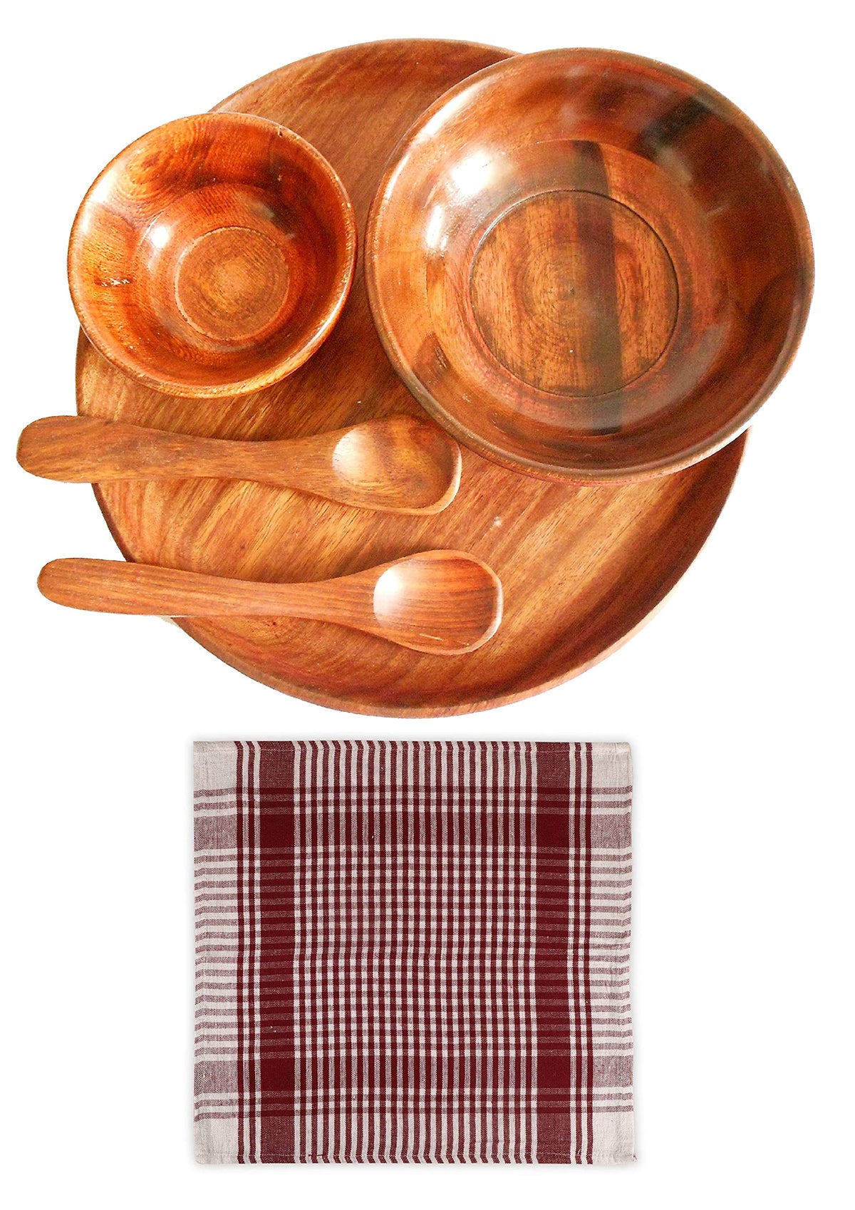 Vg Handmade Craft Wooden 4.5Inch, 6Inch Serving Bowl, 2 Small Spoon & 1 Wood Thali Set For Dinner And Tealight Gifts Item (Pack