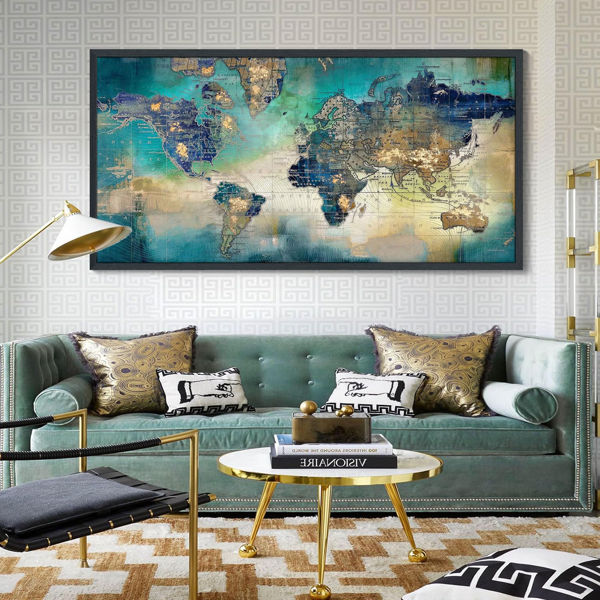 Large World Map Canvas Prints Wall Art For Living Room Office ''29X58'' Green World Map Picture Artwork Decor For Home Decoratio
