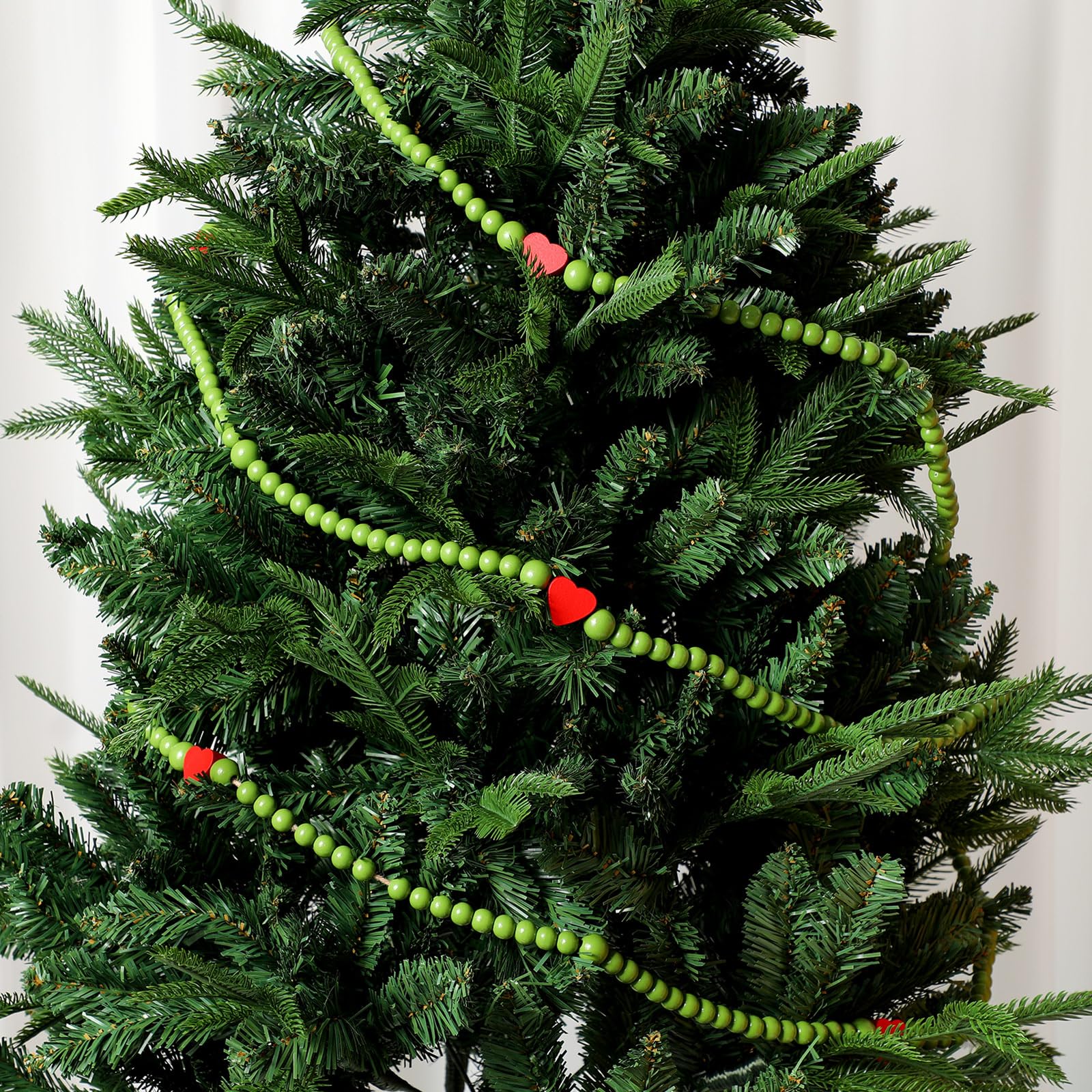 Yalikop 12 ft Christmas Wooden Beads Garland Green Christmas Tree Beads Red Heart Green Geek Decoration for Xmas Tree Home Mante