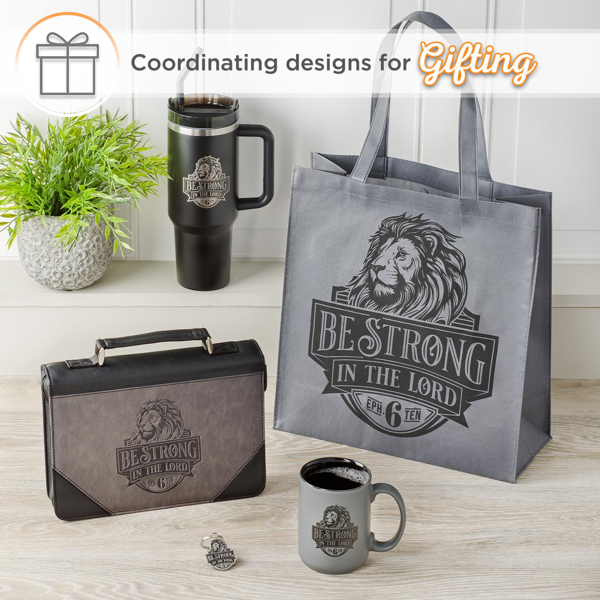 Christian Art Gifts Large Ceramic Coffee & Tea Mug for Men & Women: Be Strong Bible Verse, Gray & Black, 14 oz.