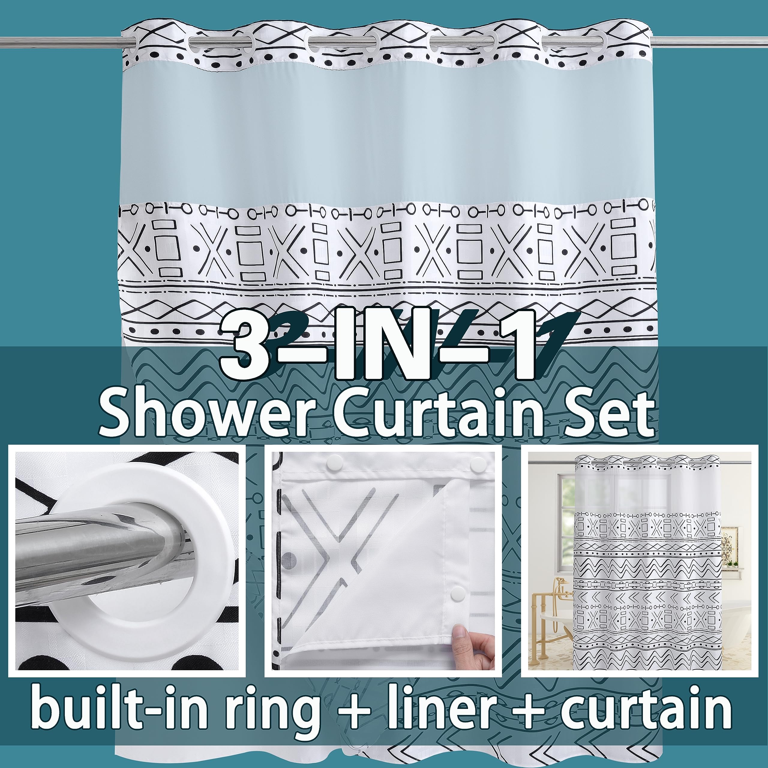 Conbo Mio Boho Shower Curtain Shower Hotel Fabric White Shower Curtain with Snap in Liner for Bathroom Machine Washable Waterproof Repellent Shower Curtain (Check-Boho White 71''(W) x 84''(H))