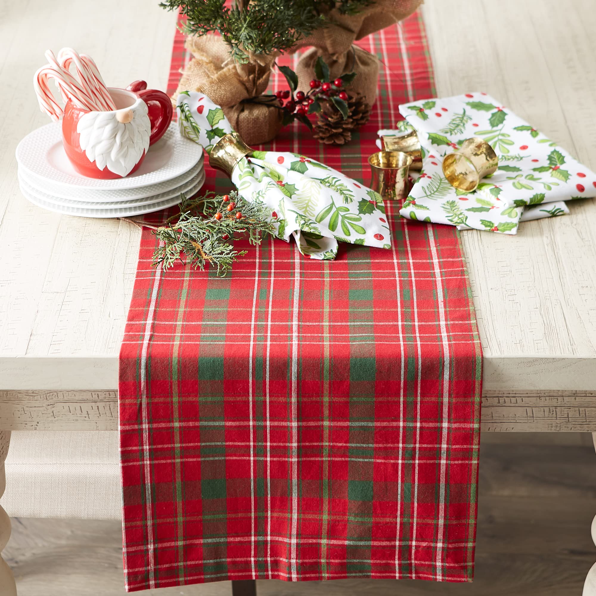 DII Holiday Dining Table Linen Collection Tartan Holly Plaid  Christmas Table Runner  14x108  Red & Green