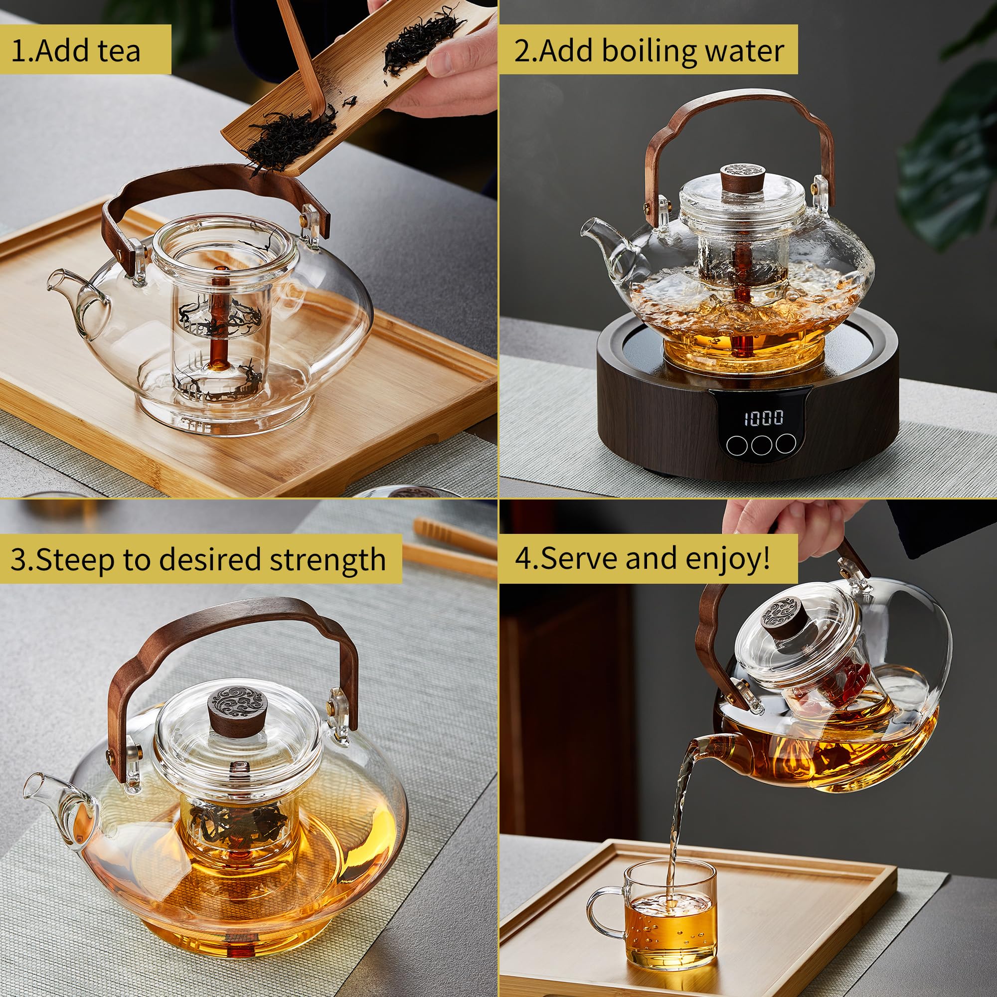 Glass Teapot With 2 Infusers For Stovetop Safe, Thickened Heat-Resistant Borosilicate Glass, 46 Fl Oz, Glass Tea Kettle For Bloo