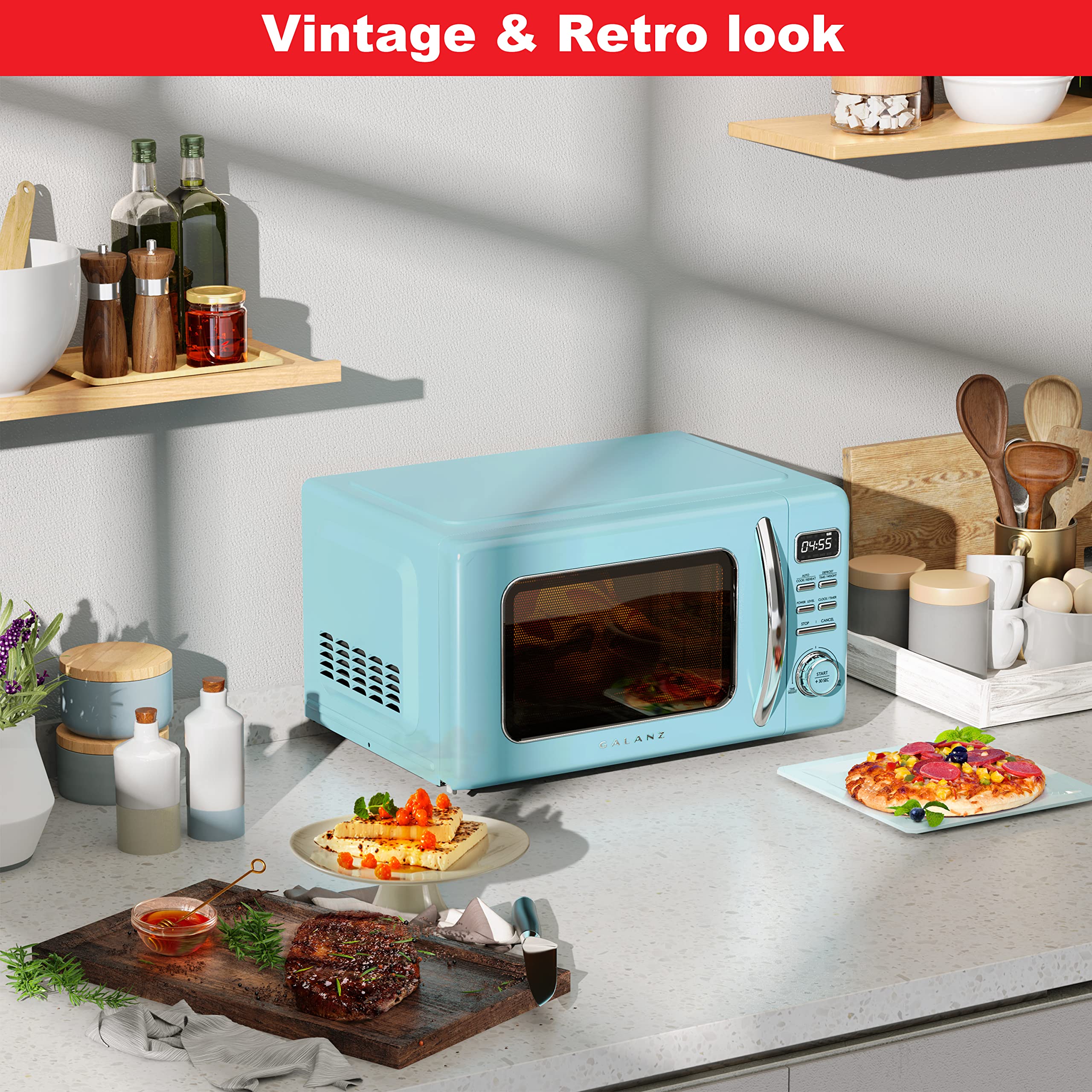 Galanz Glcmkz07Ber07 Retro Countertop Microwave Oven With Auto Cook & Reheat, Defrost, Quick Start Functions, Easy Clean With Gl