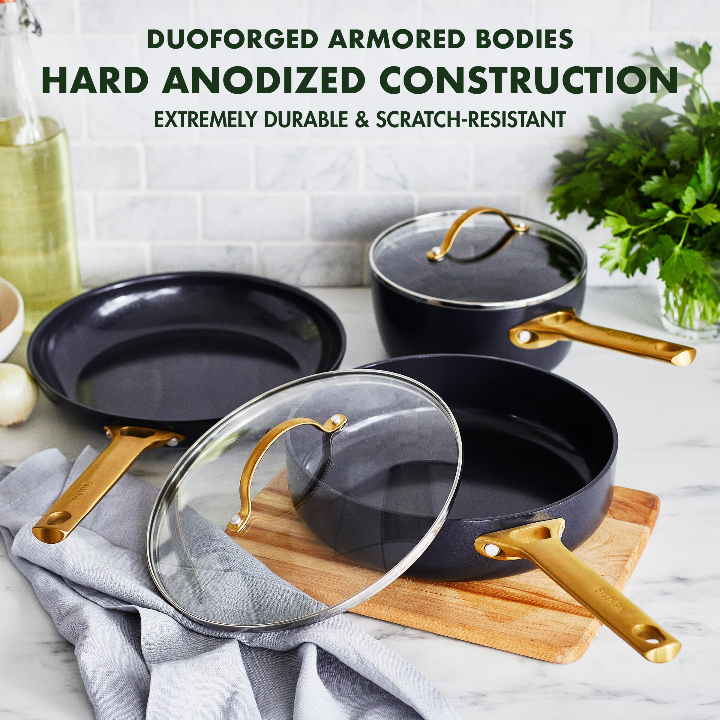 GreenPan Reserve Hard Anodized Healthy Ceramic Nonstick 5 Piece Cookware Pots and Pans Set, Gold Handle, PFAS-Free, Dishwasher S