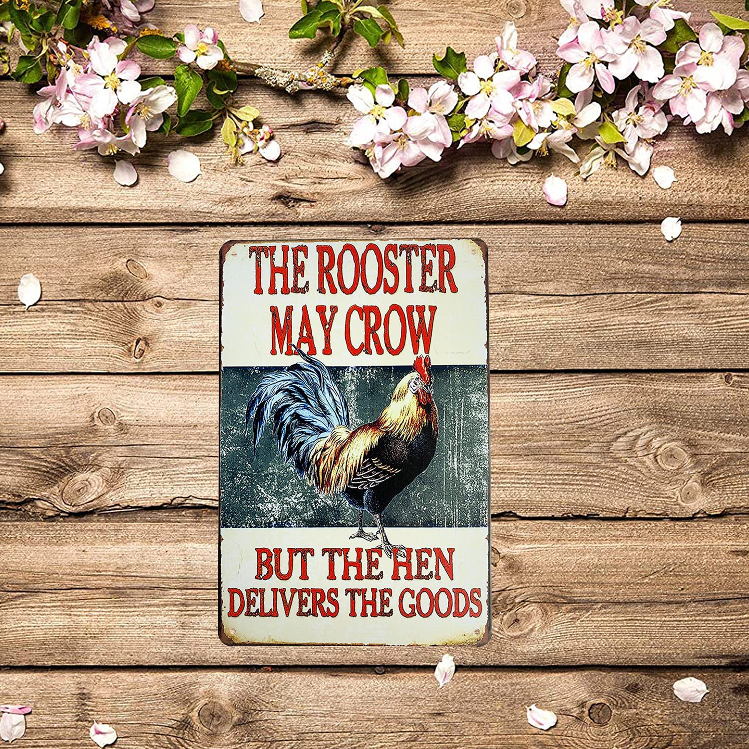 Grace Home Rustic Metal Retro Tin Plaque The Rooster May Crow But The Hen Delivers The Goods Wall Decor Funny Retro Poster Tin S