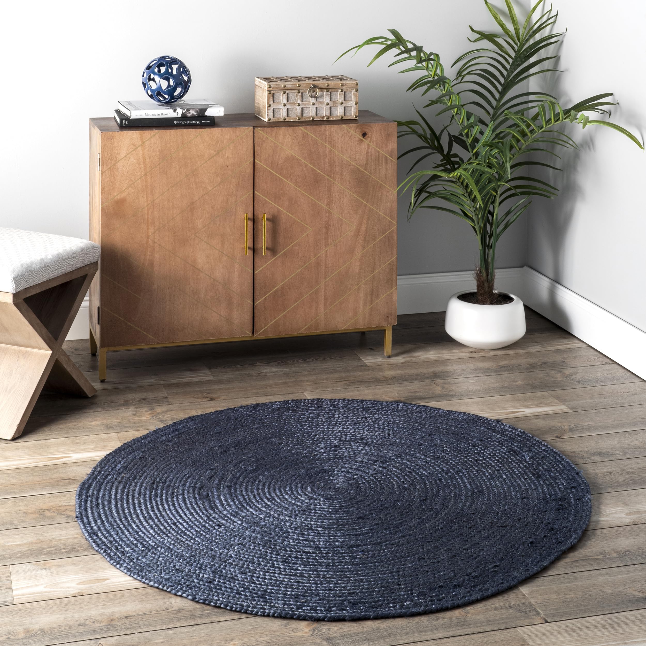 nuLOOM 6 Round Rigo Jute Hand Woven Area Rug, Navy, Solid Farmhouse Design, Natural Fiber, For Bedroom, Living Room, Dining Room