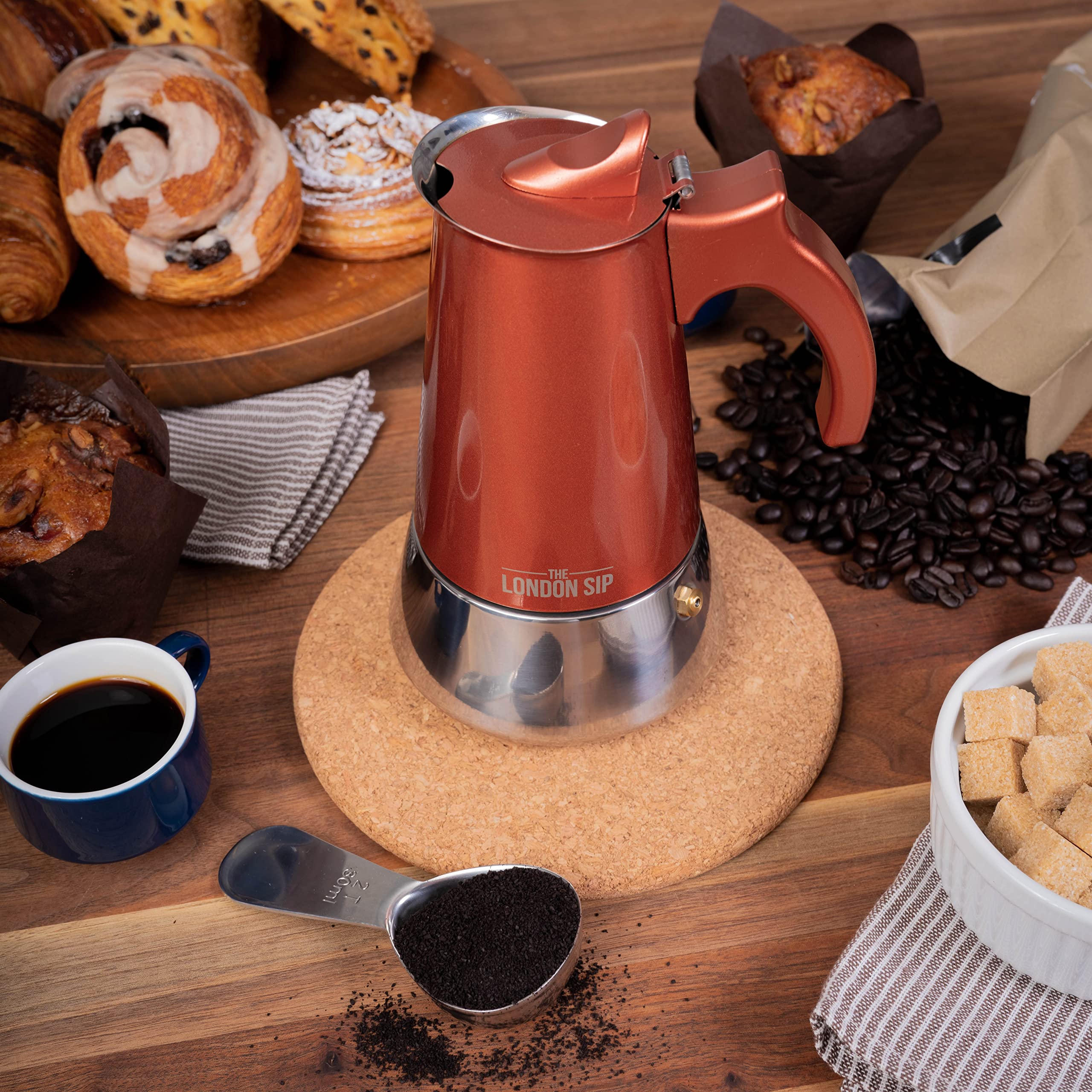 The London Sip Stainless Steel Moka Pot Espresso Maker, 10.14 oz, Copper, Model EM6C, Italian Coffee Percolator