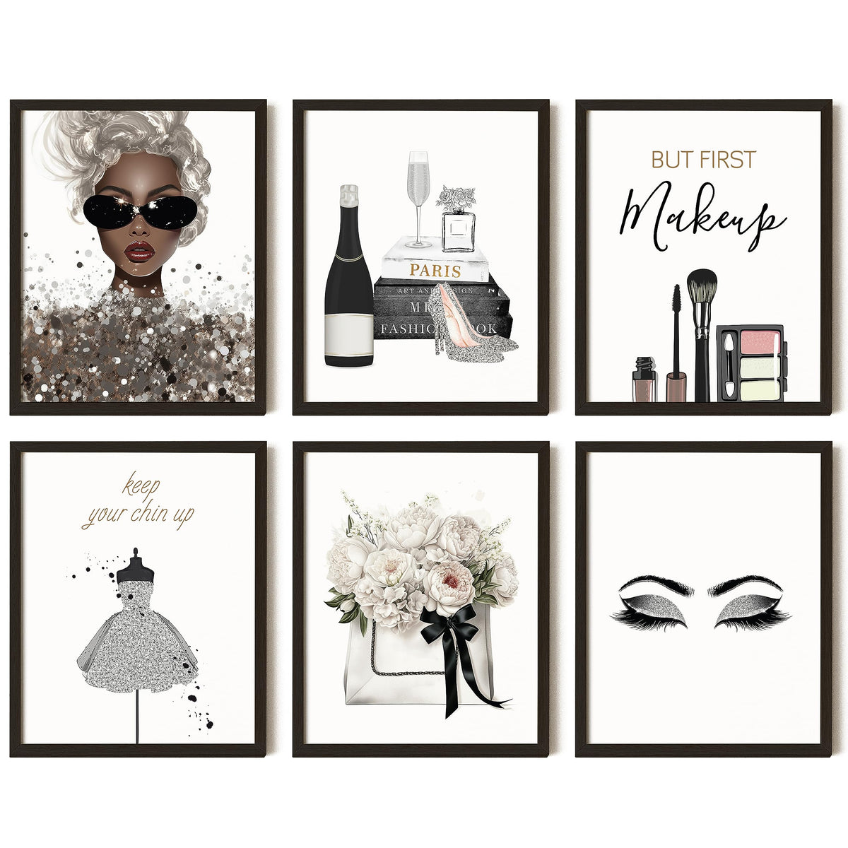 97 Decor Glam Grey Fashion Wall Decor - 6 Pcs Makeup Posters, Silver And Black Glam Wall Art For Women Makeup Room, Silver High