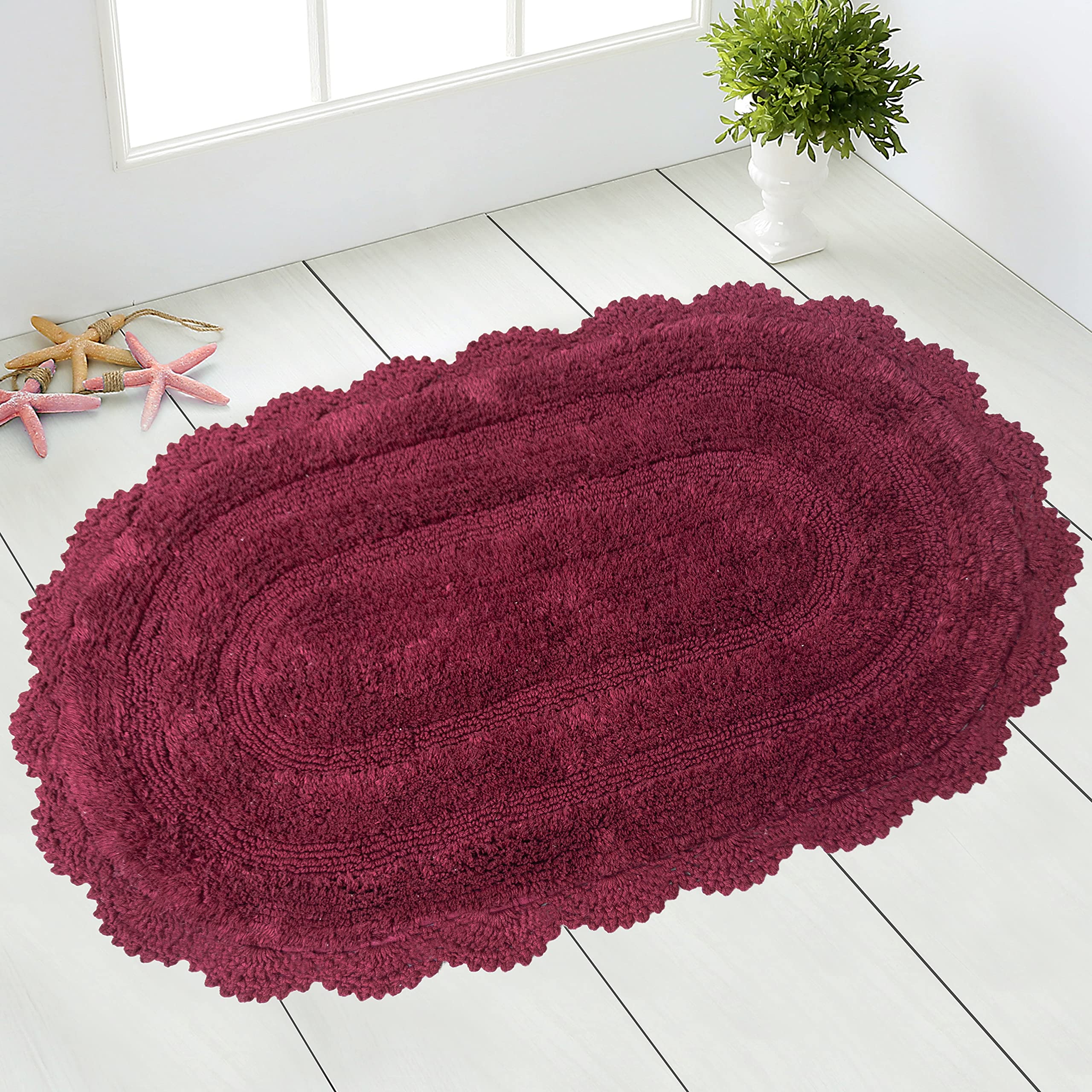 Chardin Home Burgundy Crochet Bathrug, 100% Cotton Oval Bathmat With Artisanally Handcrafted Crochet Border, 21X34 Inch, Medium