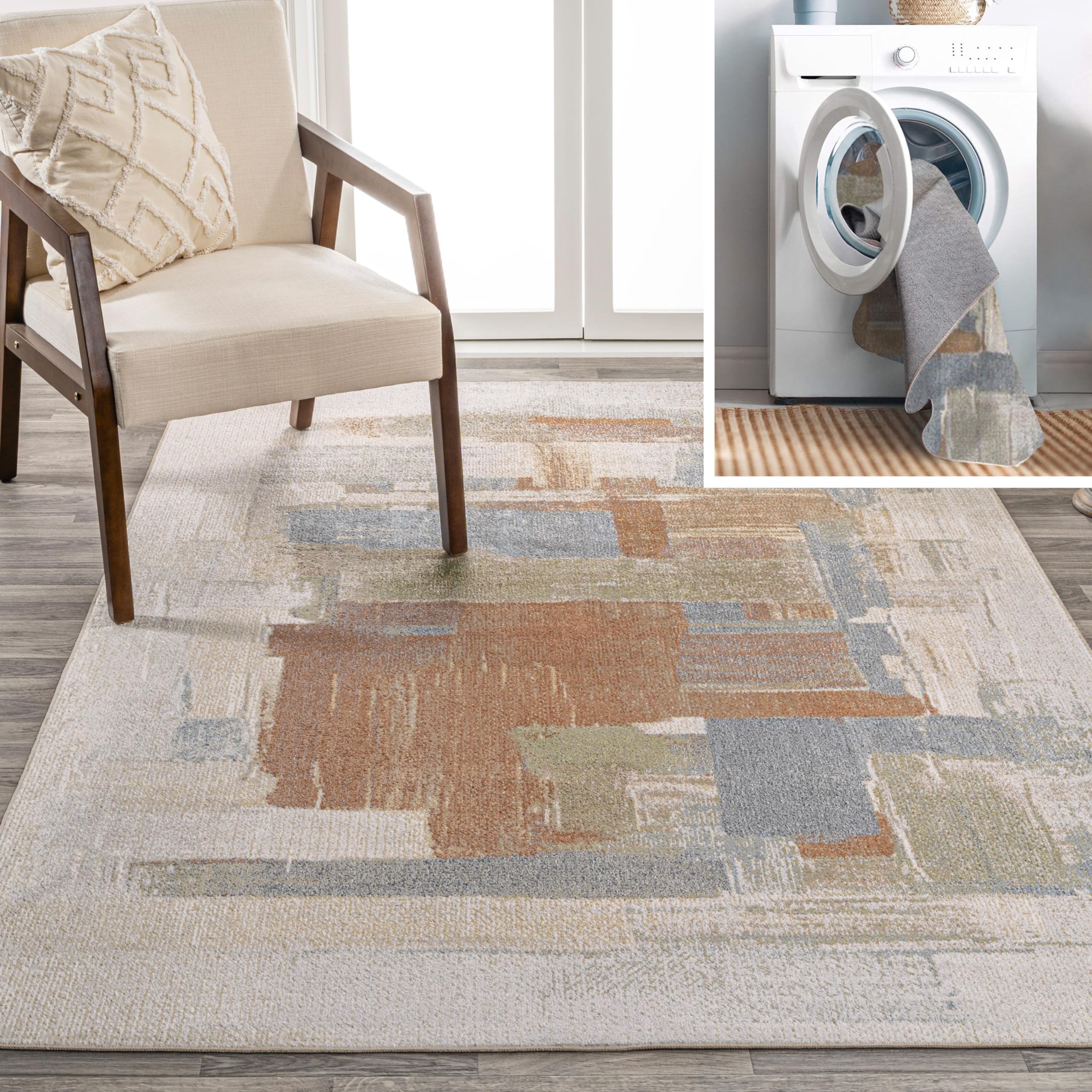 JONATHAN Y WSH302A-5 Weaver Abstract Coastal Watercolor Machine-Washable Area Rug, Casual, Contemporary, Glam, Minimalist for Li