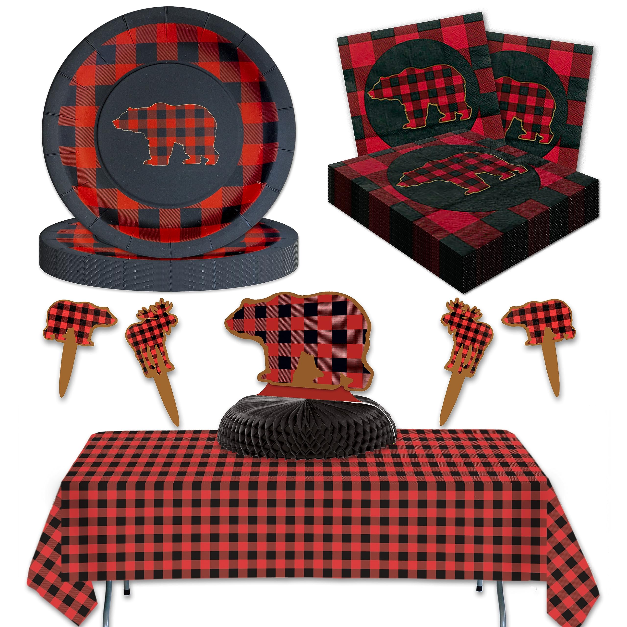 Buffalo Plaid Bear Party For 16 Guests! Includes 16 Ea. Bear 9 In. Dinner Plates & Beverage Napkins, 24 Bear Party Picks, 1 Lg.