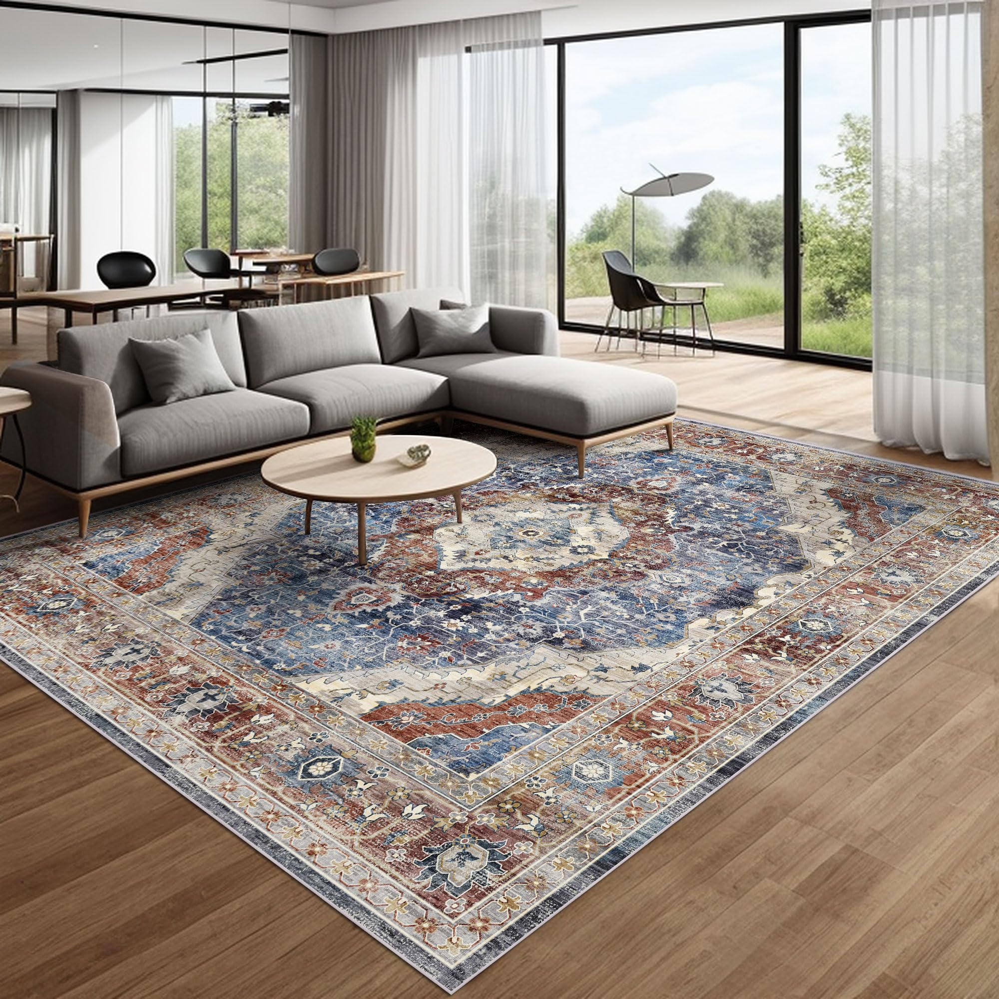Deerly Rug 8x10 Area Rug Boho Washable Rug 8x10 Rug Large Rugs for Bedroom Living Room Vintage Non-Slip Oriental Distressed Carp