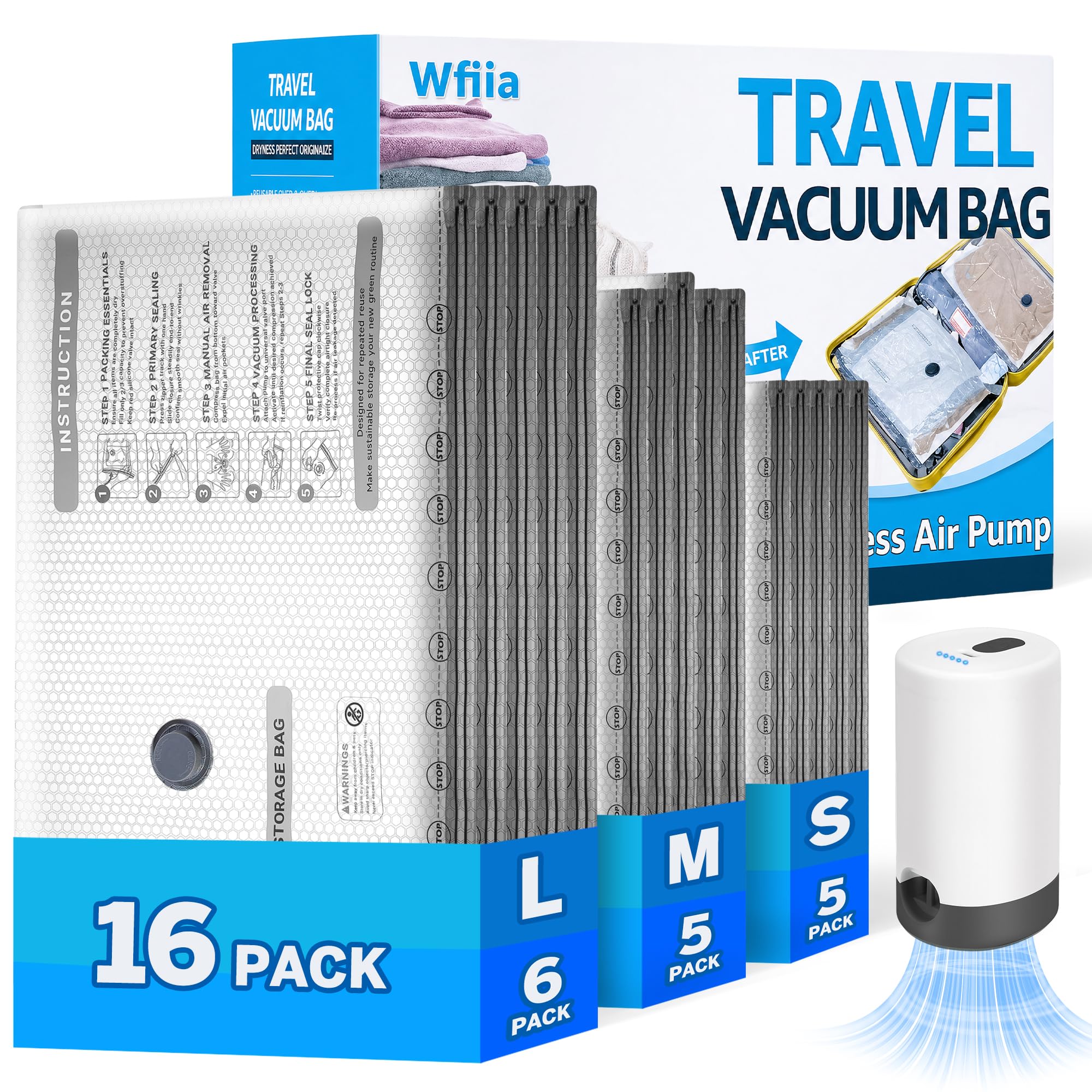15+1 Packs Vacuum Bags For Travel With Rechargeable Pump, 3 Sizes Vacuum Seal Bags For Clothing, Compression Vacuum Travel Bags 